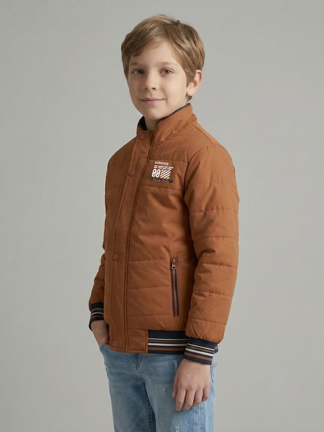 Boys Rust Solid Turtle Neck Full Sleeve Puffer Jacket