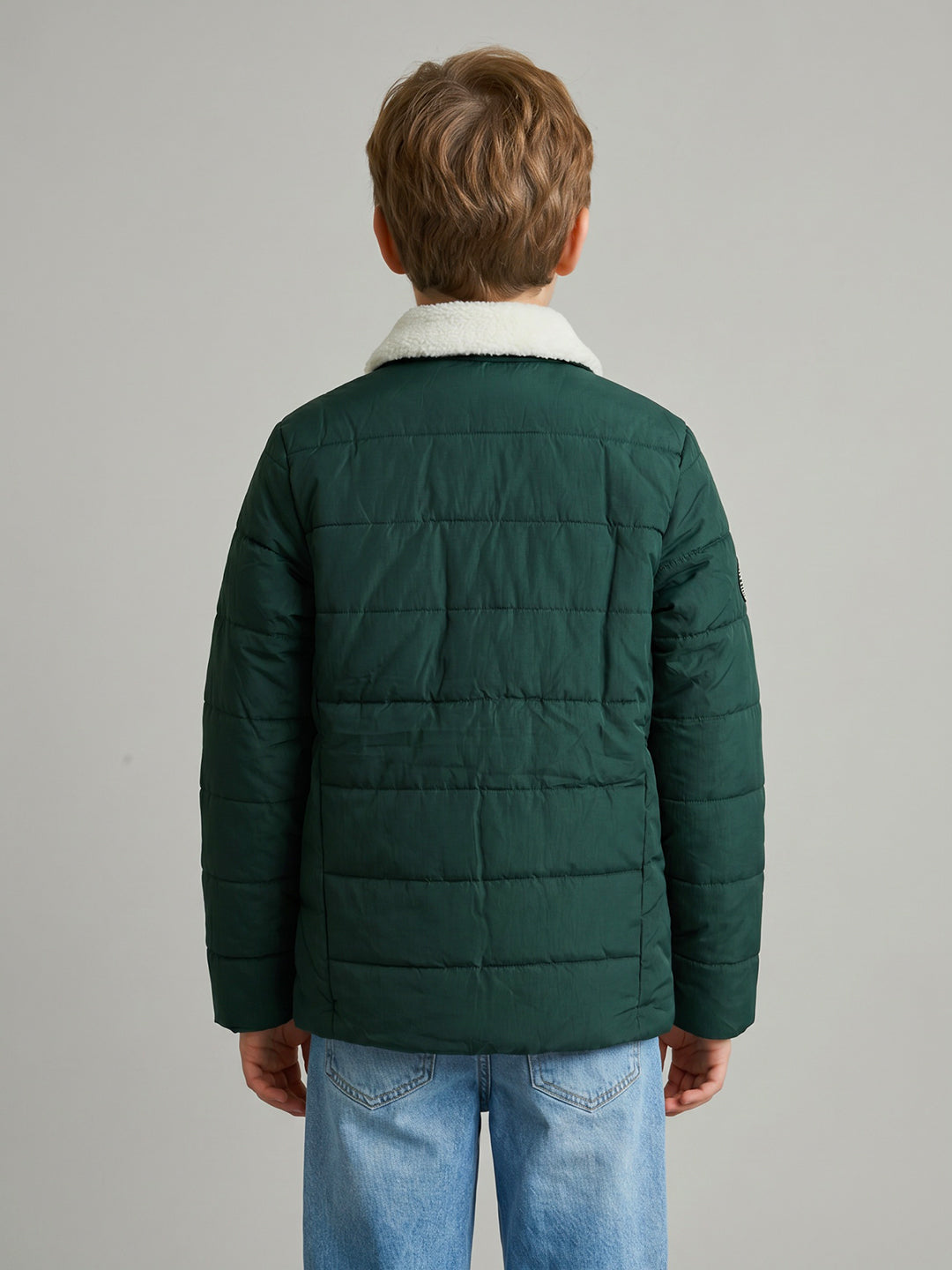 Boys Green Solid Collar Full Sleeve Puffer Jacket