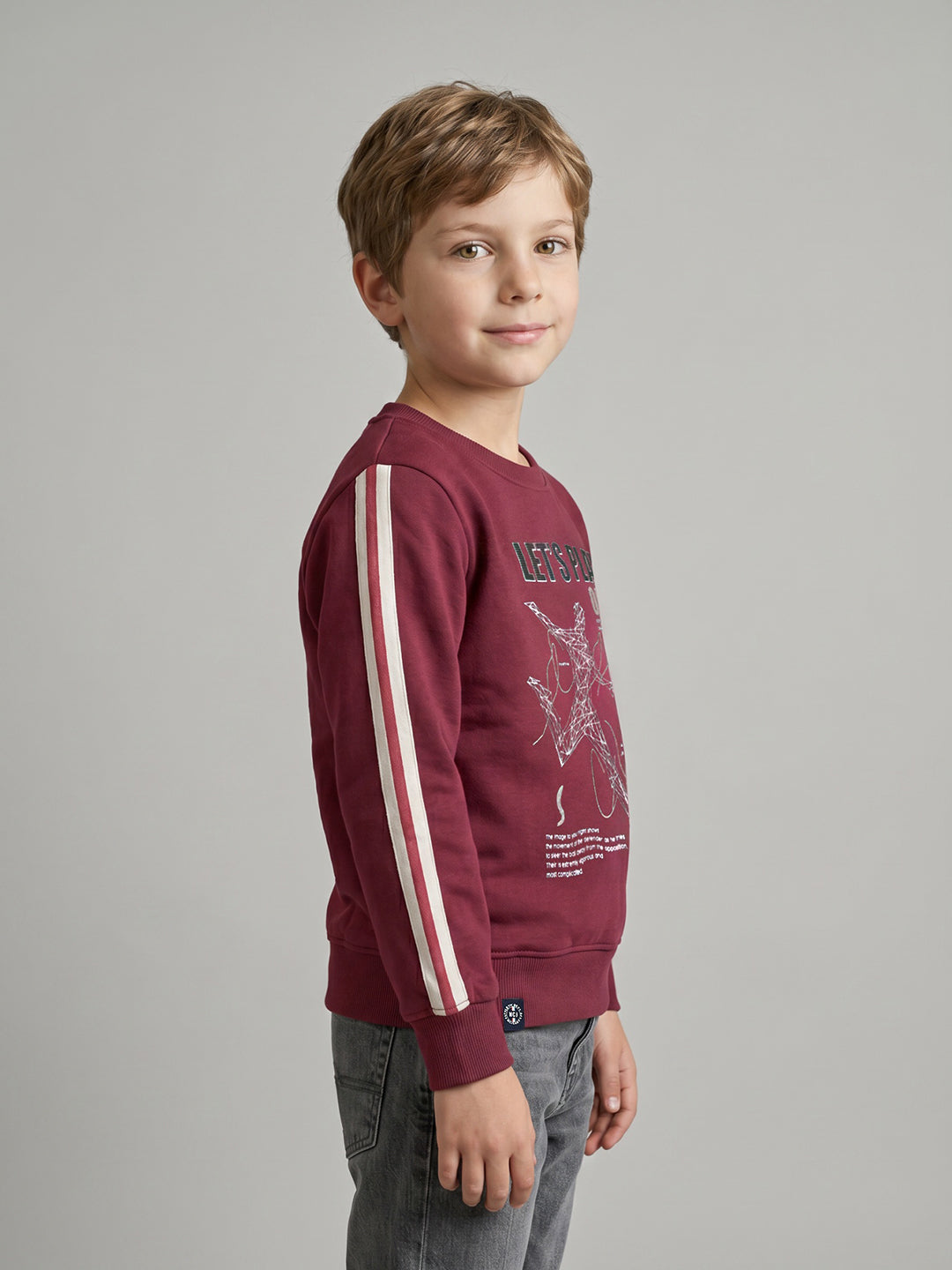 Boys Maroon Printed Round Neck Full Sleeve Sweatshirt