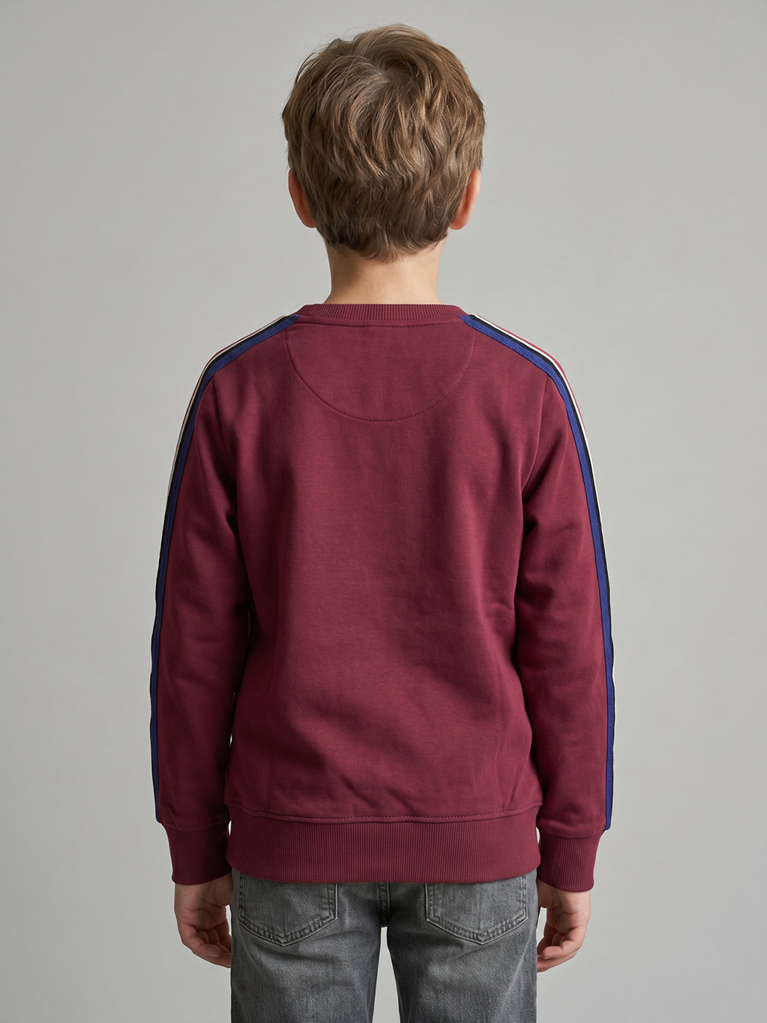 Boys Maroon Printed Round Neck Full Sleeve Sweatshirt