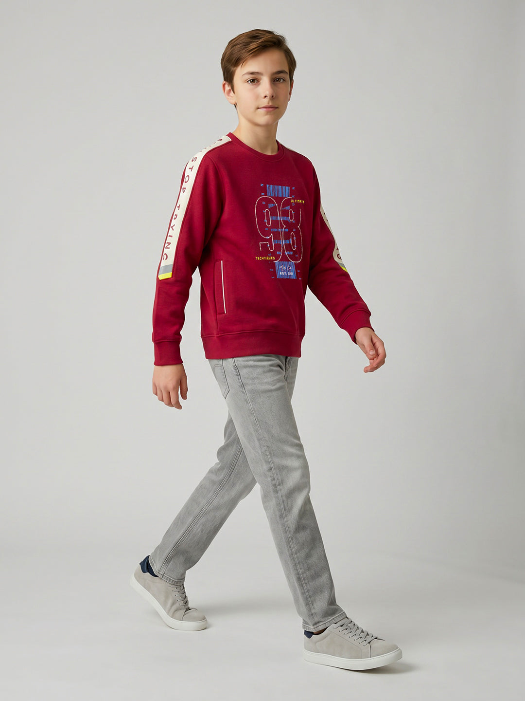 Boys Red Printed Round Neck Full Sleeve Sweatshirt