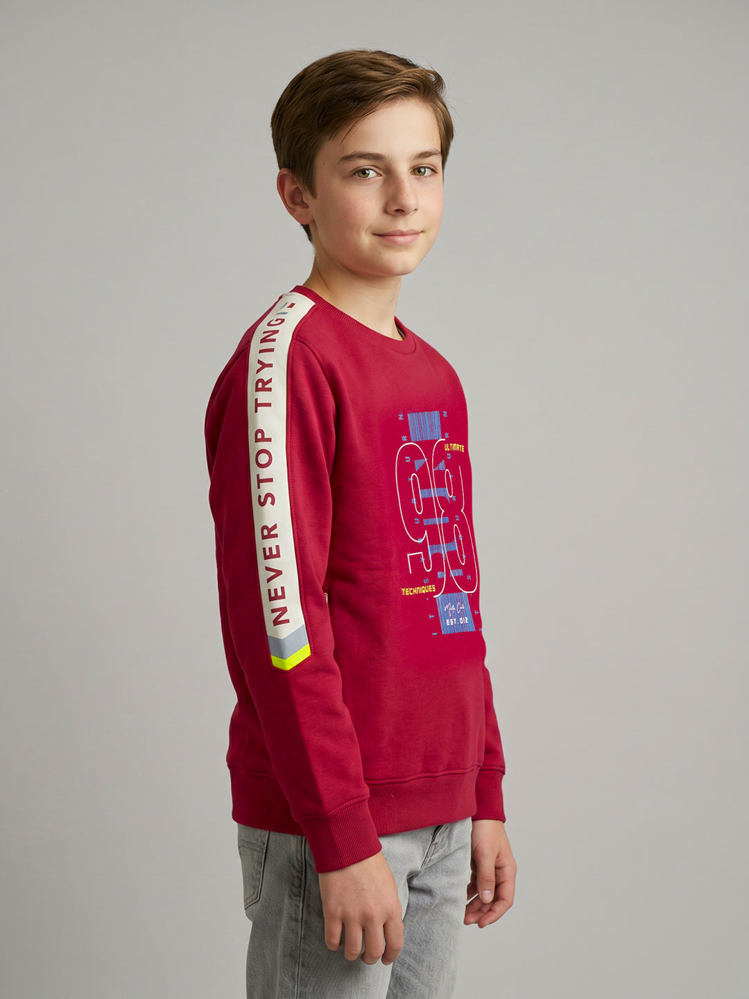 Boys Red Printed Round Neck Full Sleeve Sweatshirt