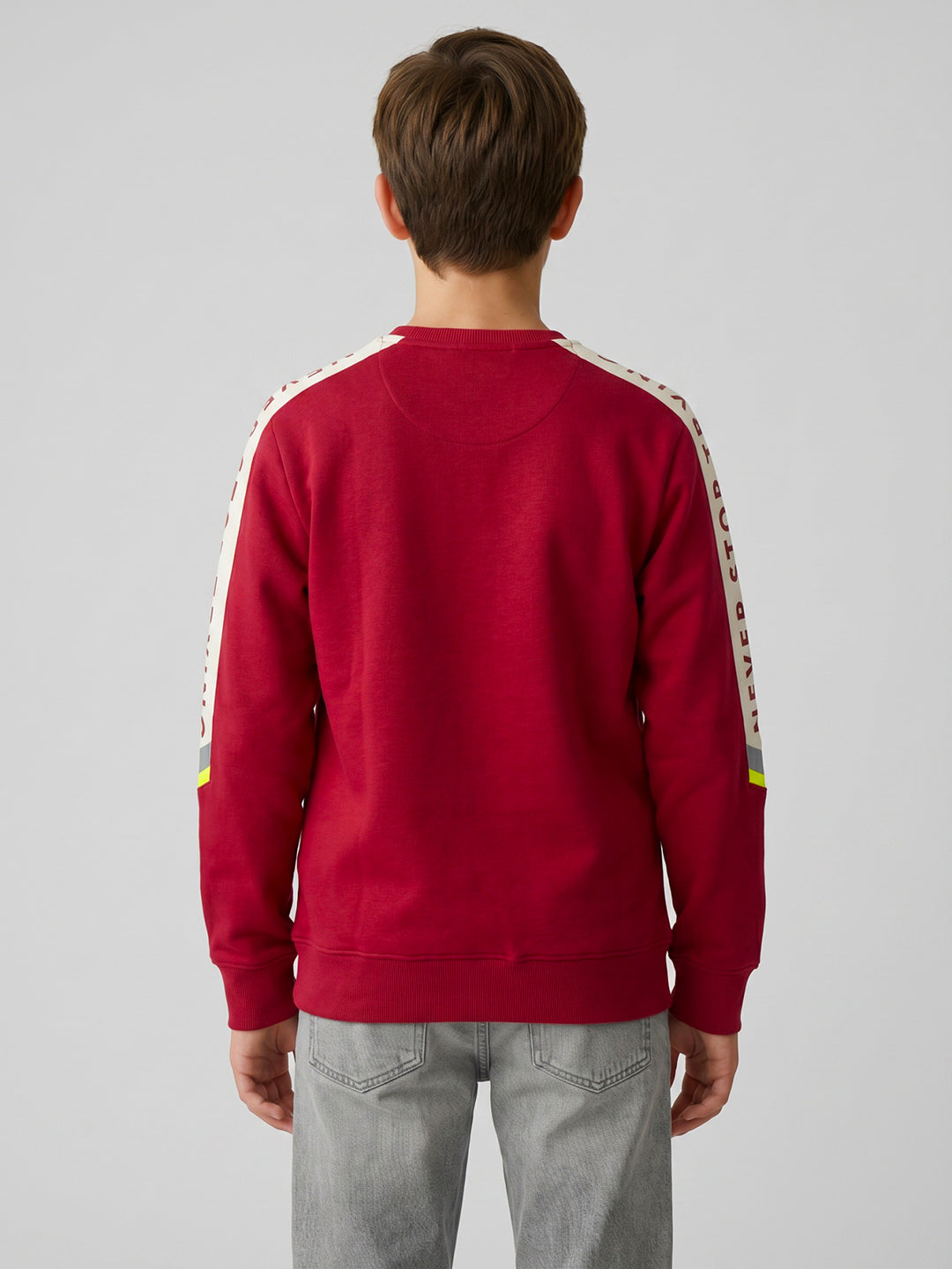 Boys Red Printed Round Neck Full Sleeve Sweatshirt