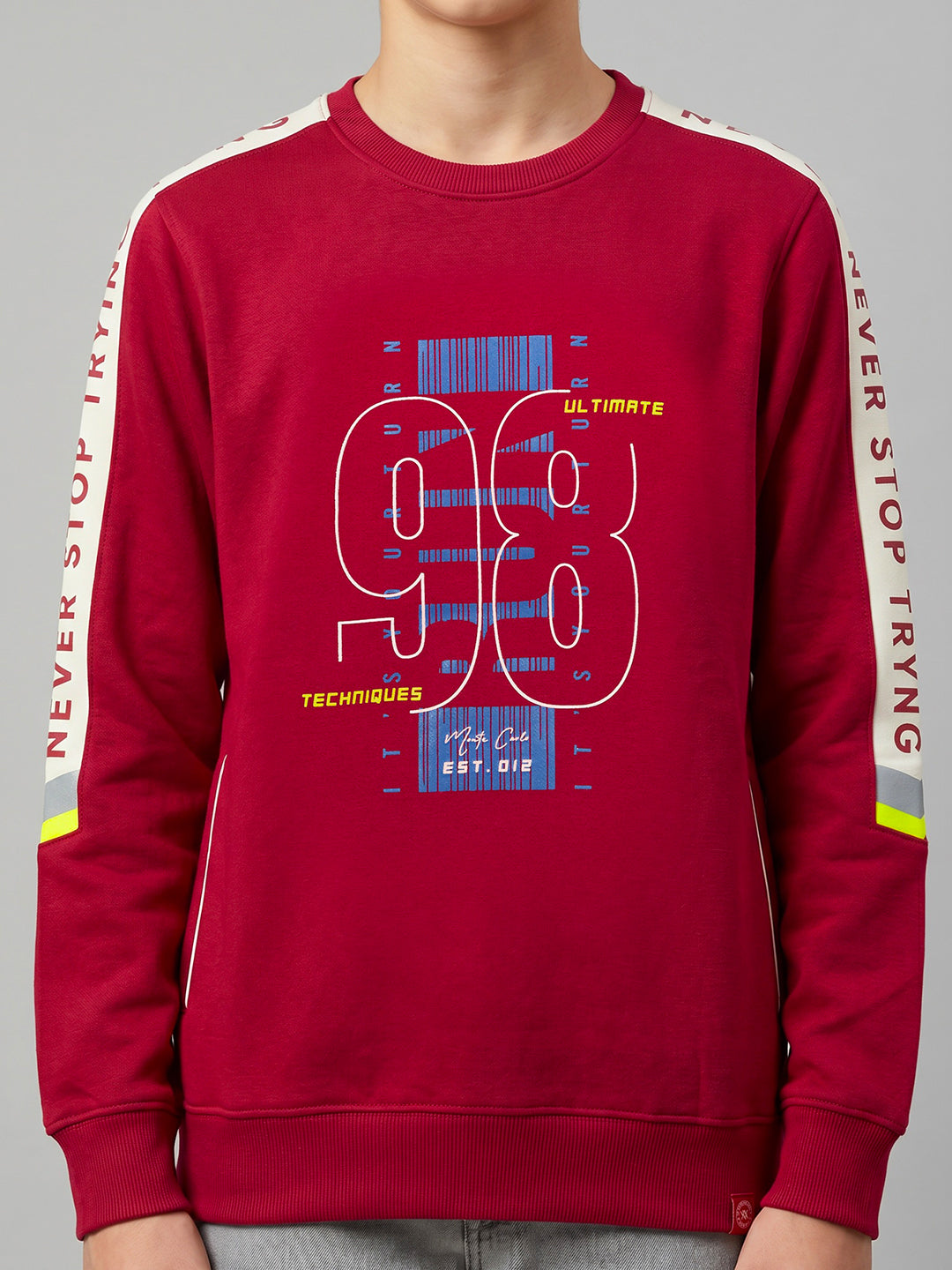 Boys Red Printed Round Neck Full Sleeve Sweatshirt