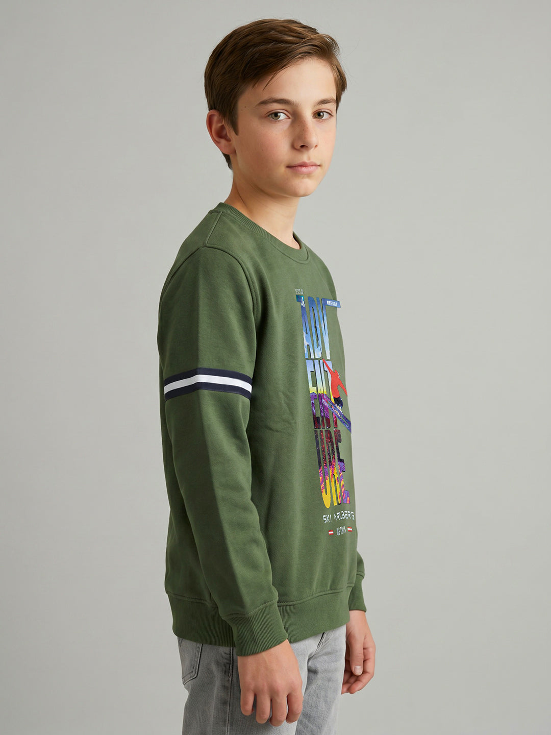 Boys Olive Printed Round Neck Full Sleeve Sweatshirt