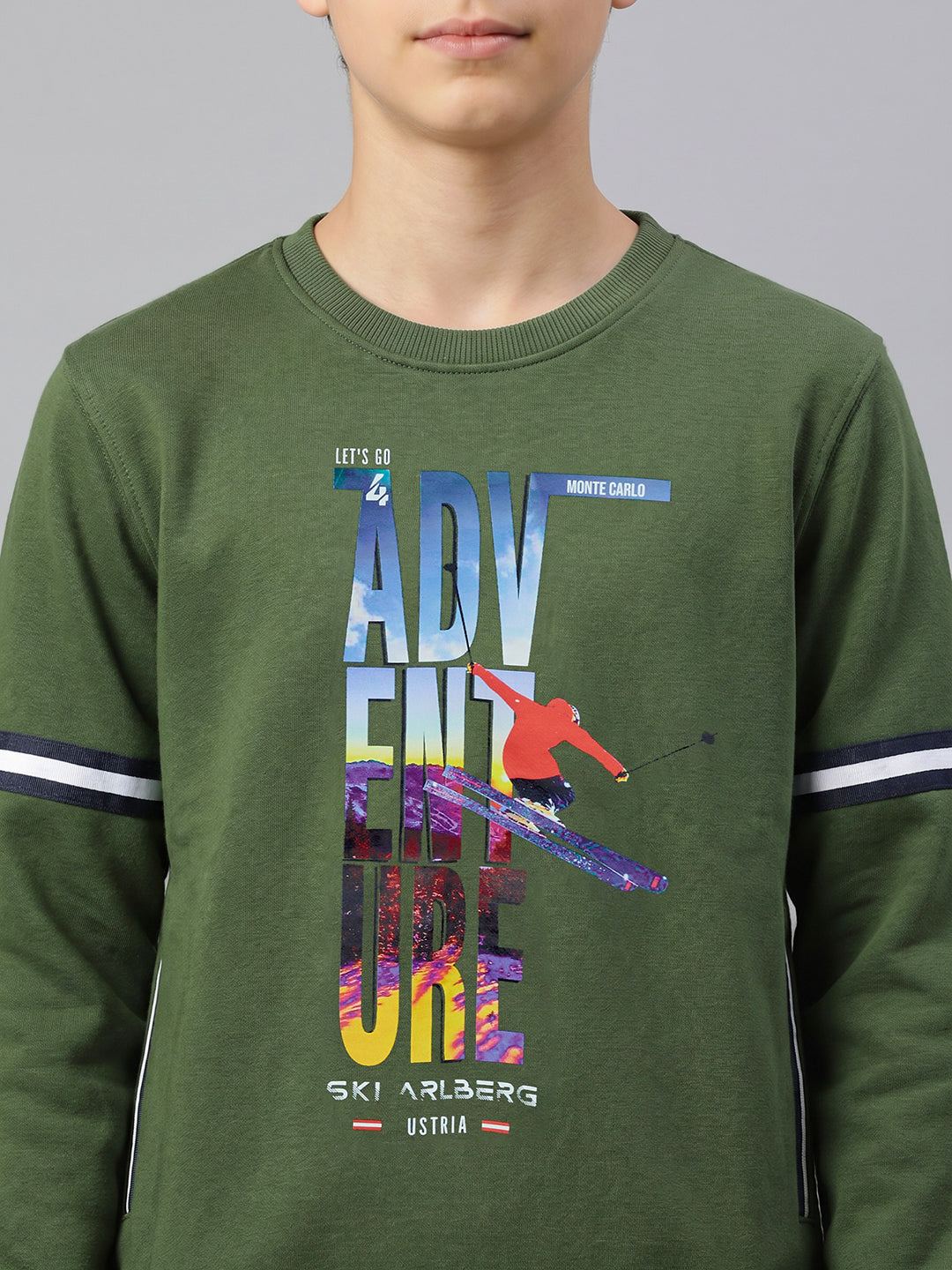 Boys Olive Printed Round Neck Full Sleeve Sweatshirt