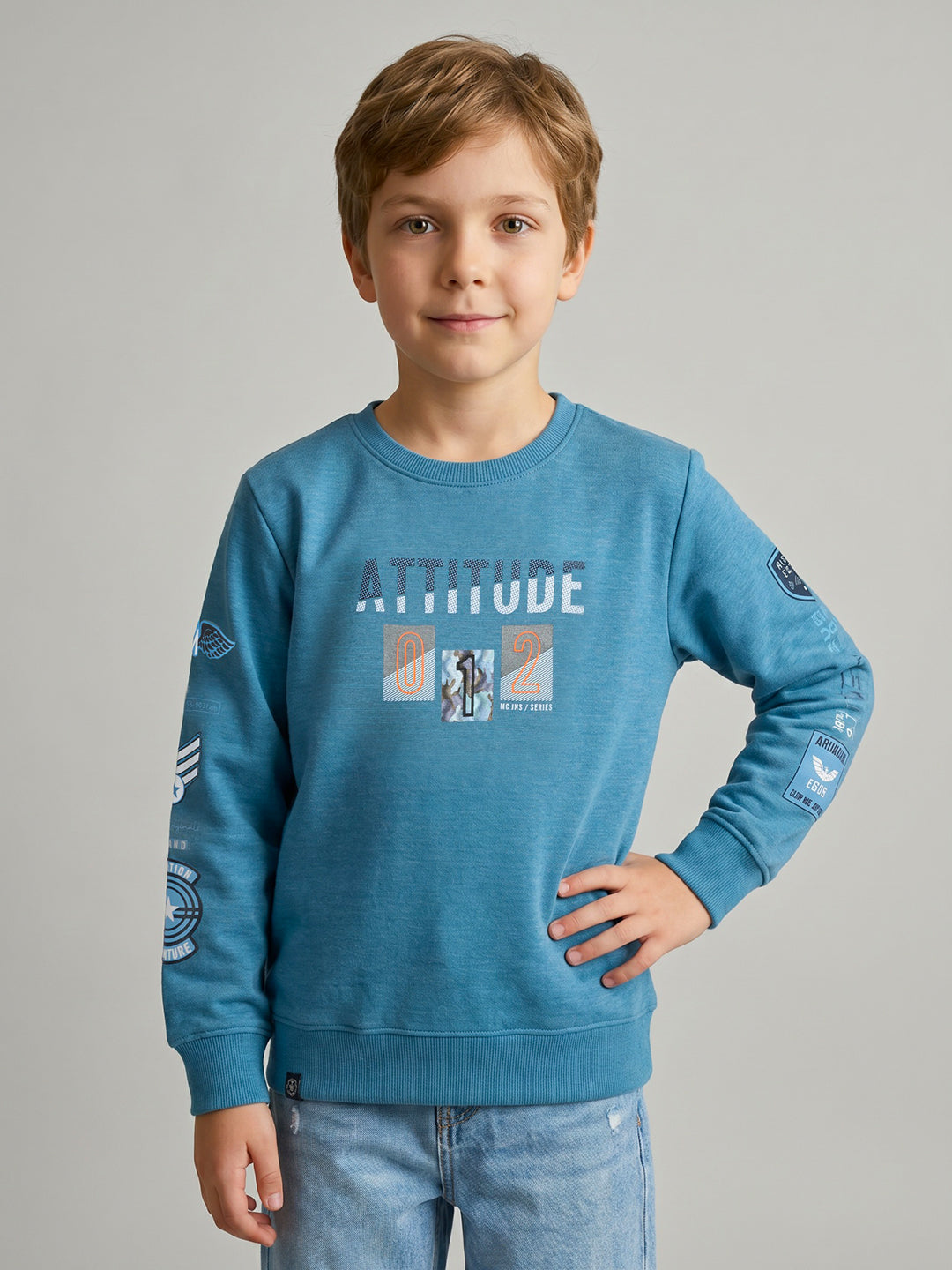 Boys Blue Printed Round Neck Full Sleeve Sweatshirt