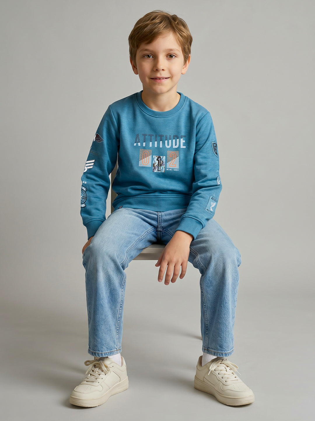 Boys Blue Printed Round Neck Full Sleeve Sweatshirt