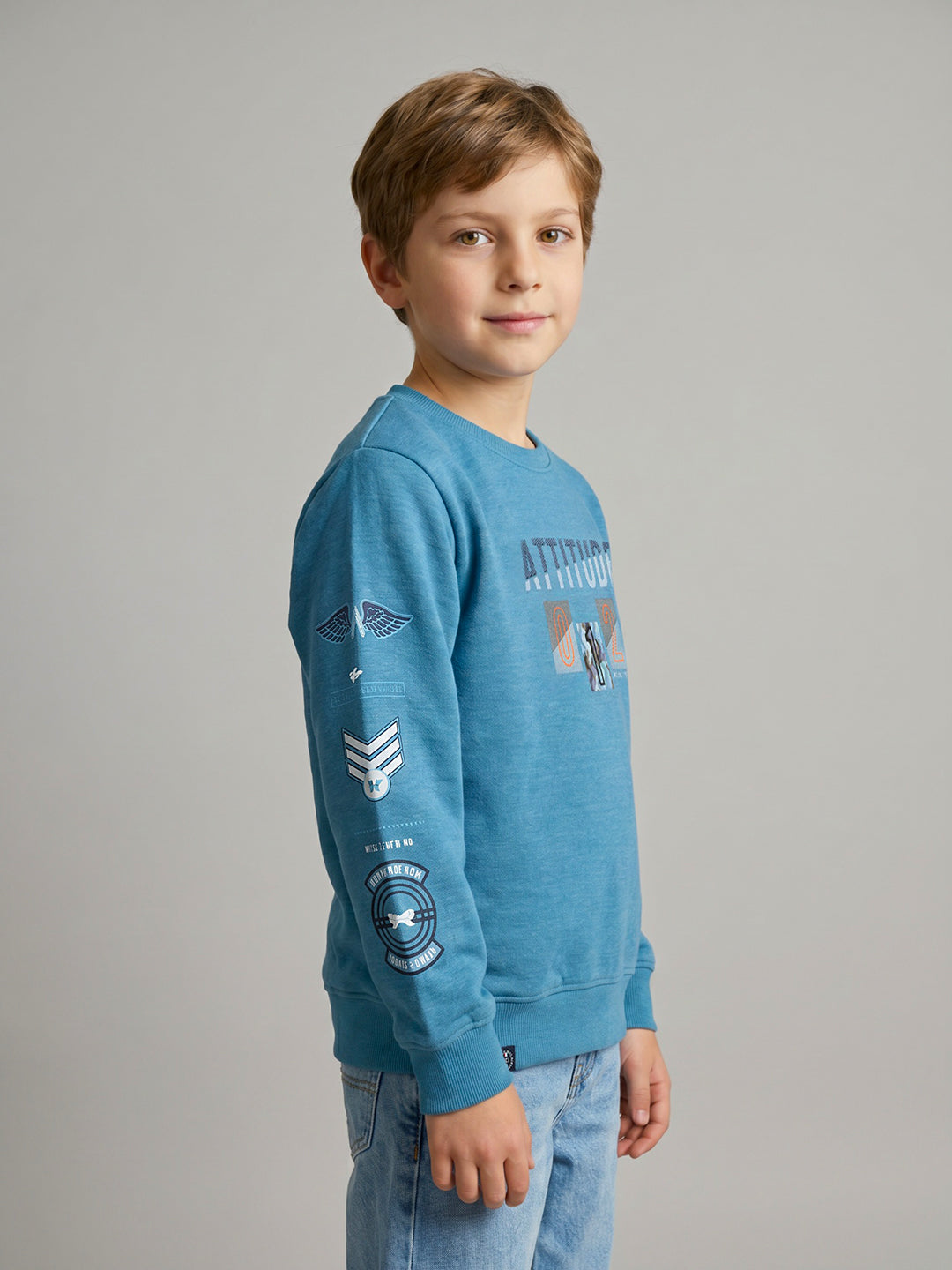 Boys Blue Printed Round Neck Full Sleeve Sweatshirt