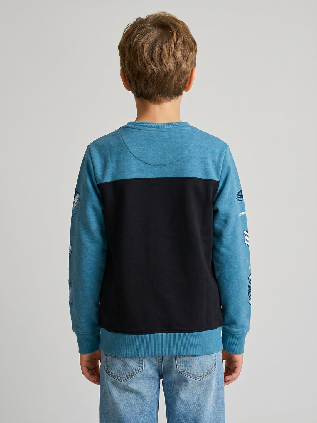 Boys Blue Printed Round Neck Full Sleeve Sweatshirt