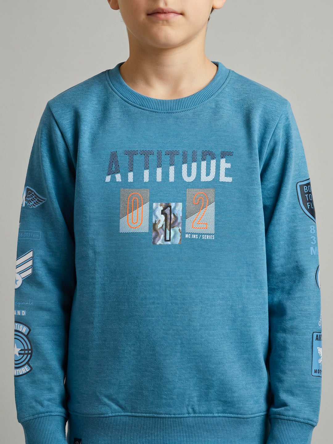 Boys Blue Printed Round Neck Full Sleeve Sweatshirt