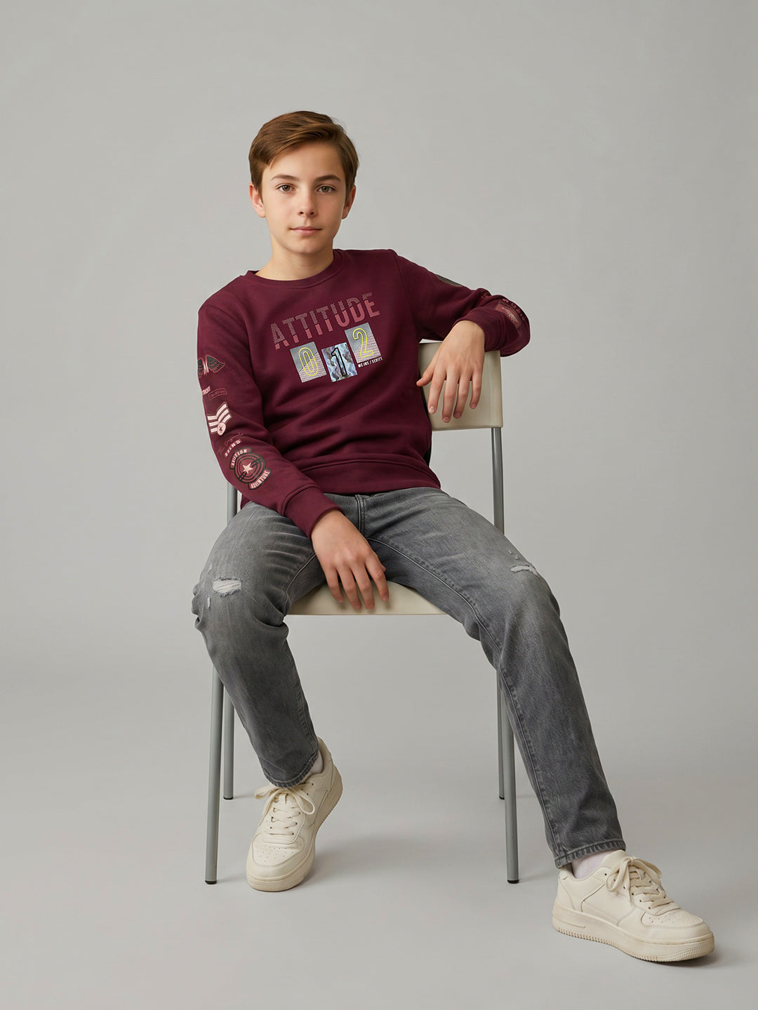 Boys Maroon Printed Round Neck Full Sleeve Sweatshirt
