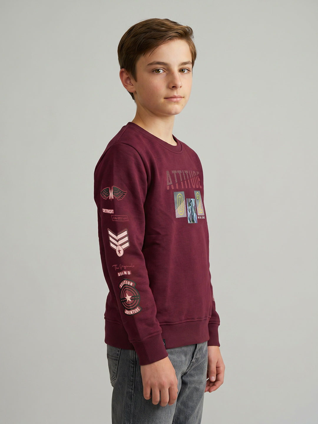 Boys Maroon Printed Round Neck Full Sleeve Sweatshirt