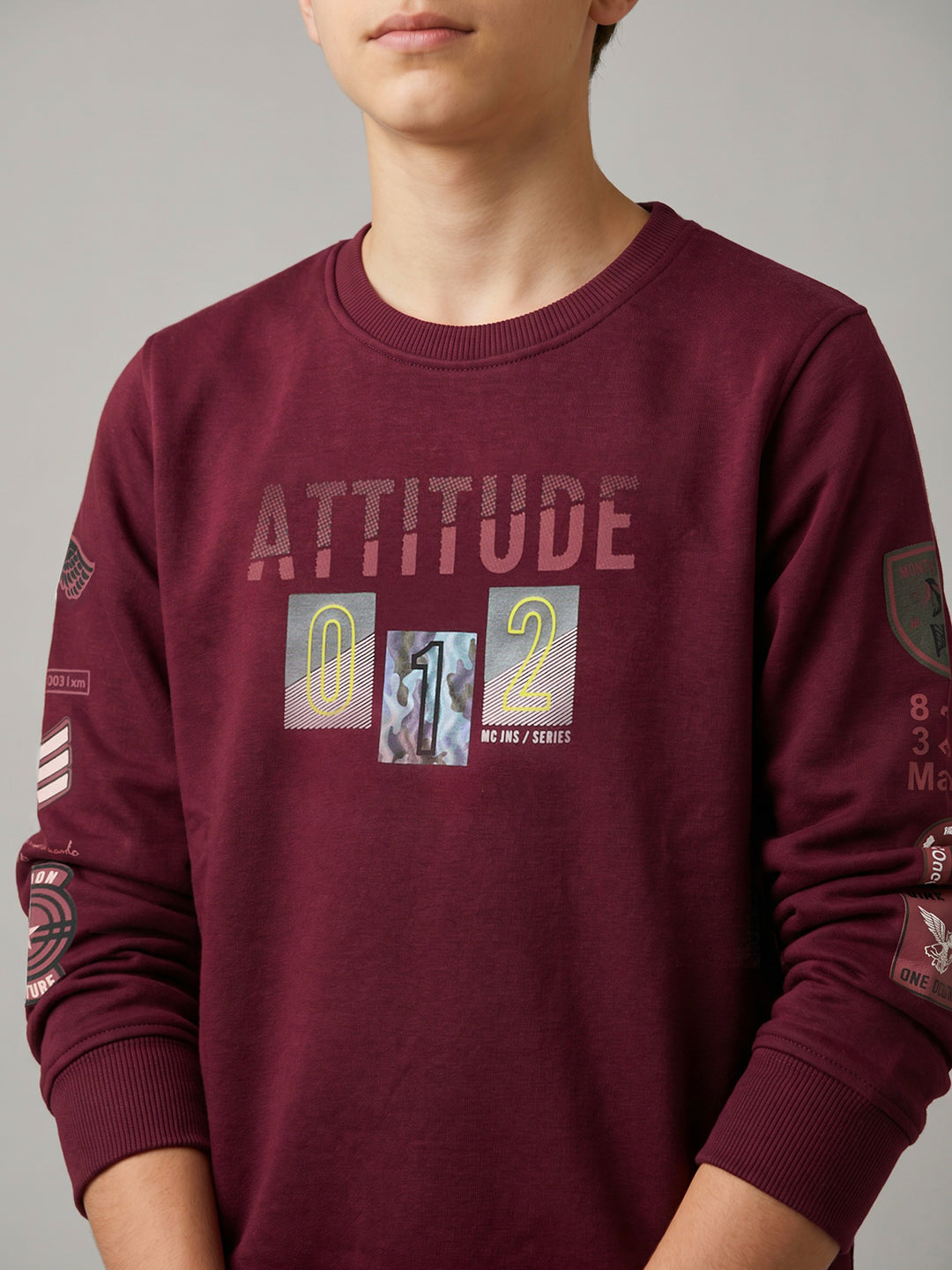 Boys Maroon Printed Round Neck Full Sleeve Sweatshirt