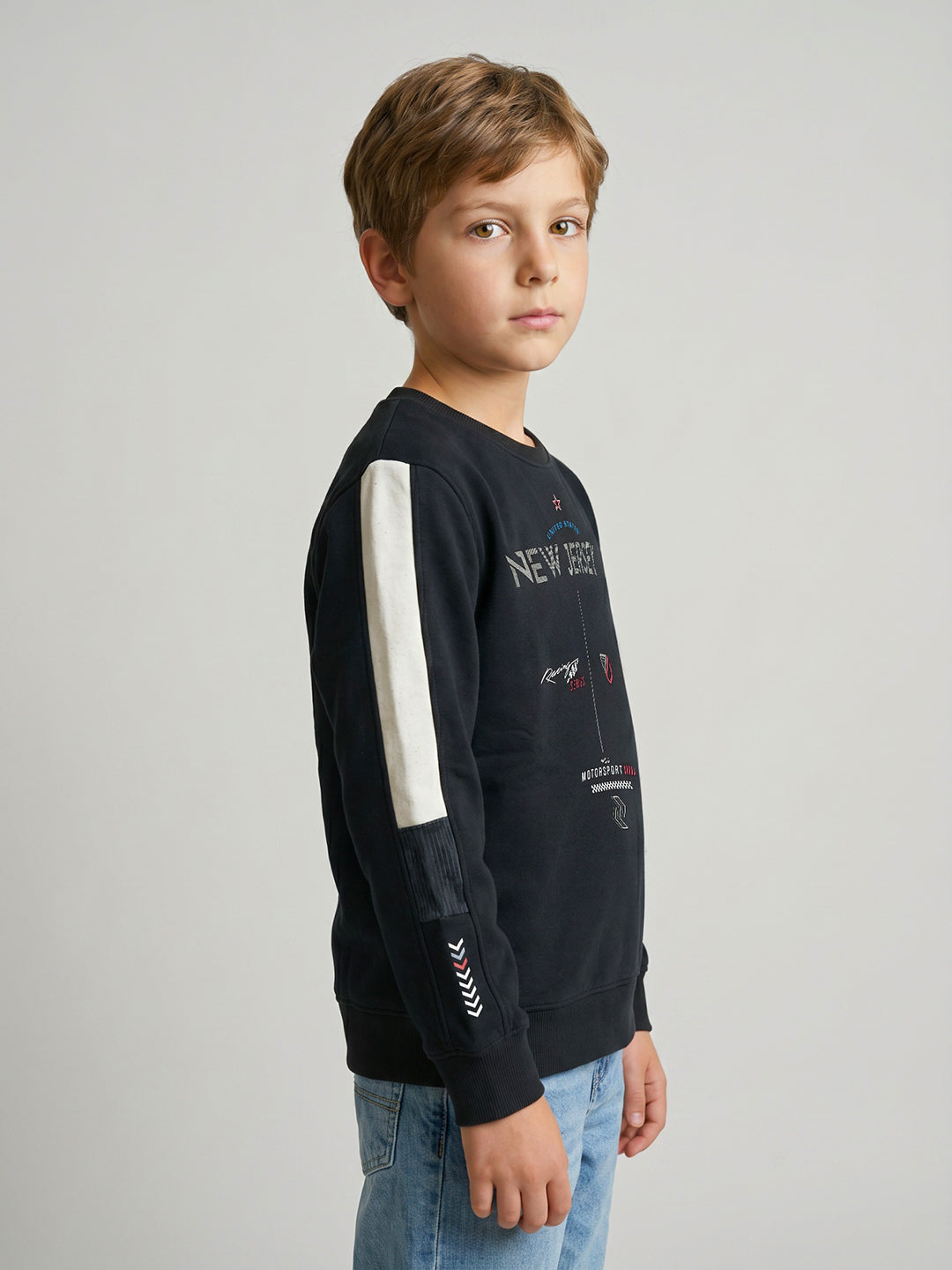 Boys Navy Blue Printed Round Neck Full Sleeve Sweatshirt