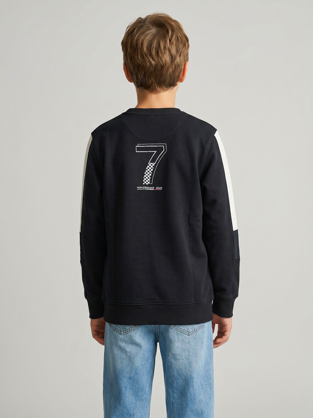 Boys Navy Blue Printed Round Neck Full Sleeve Sweatshirt