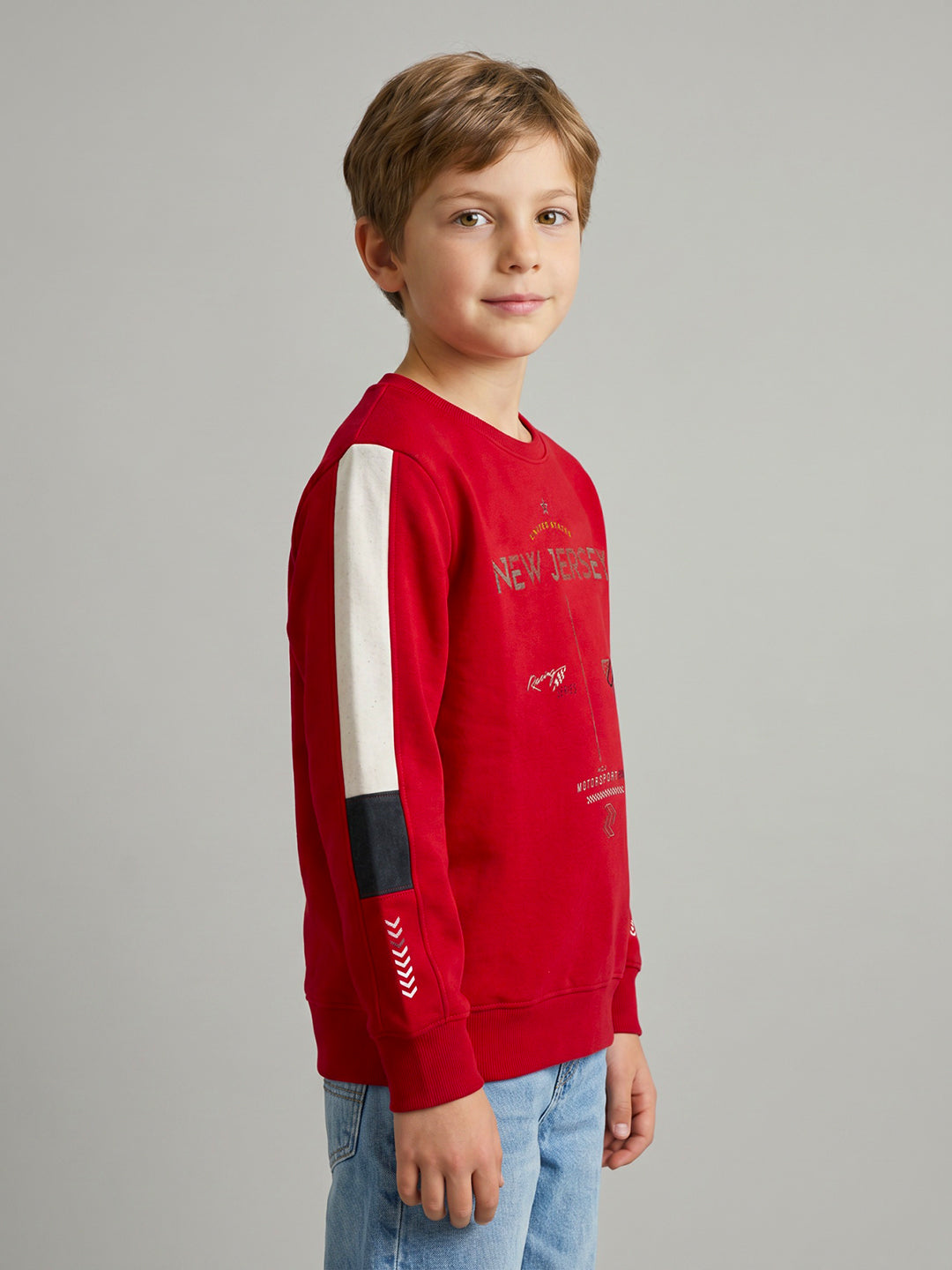 Boys Red Printed Round Neck Full Sleeve Sweatshirt