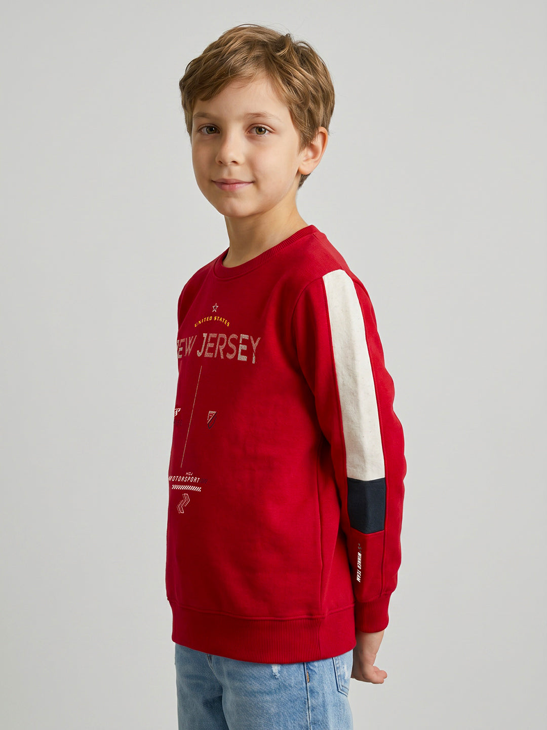 Boys Red Printed Round Neck Full Sleeve Sweatshirt