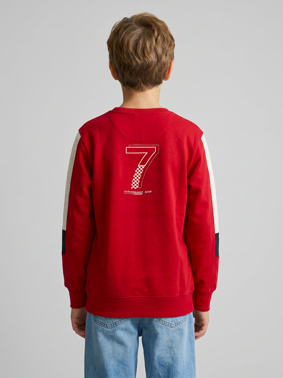 Boys Red Printed Round Neck Full Sleeve Sweatshirt