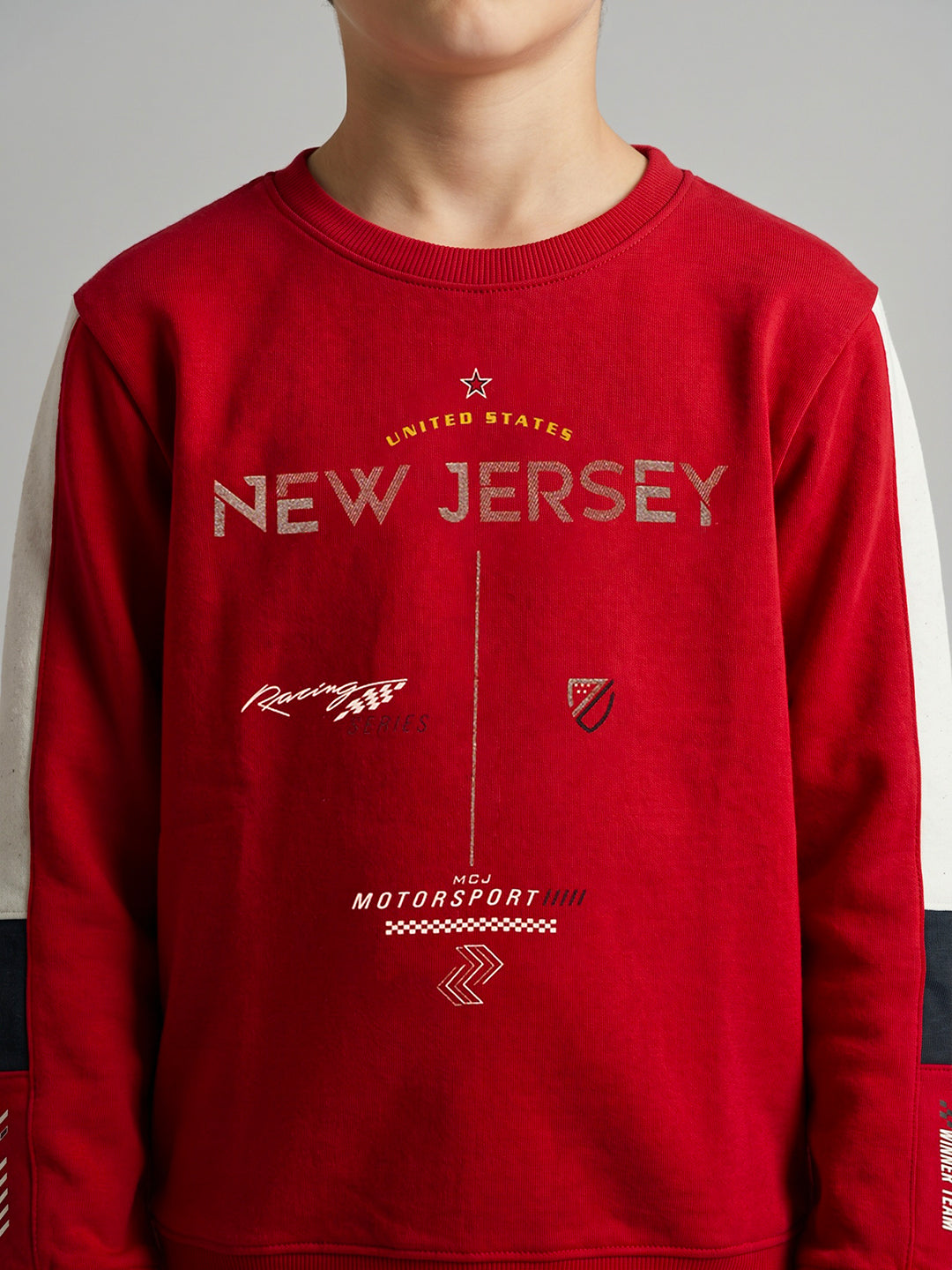 Boys Red Printed Round Neck Full Sleeve Sweatshirt