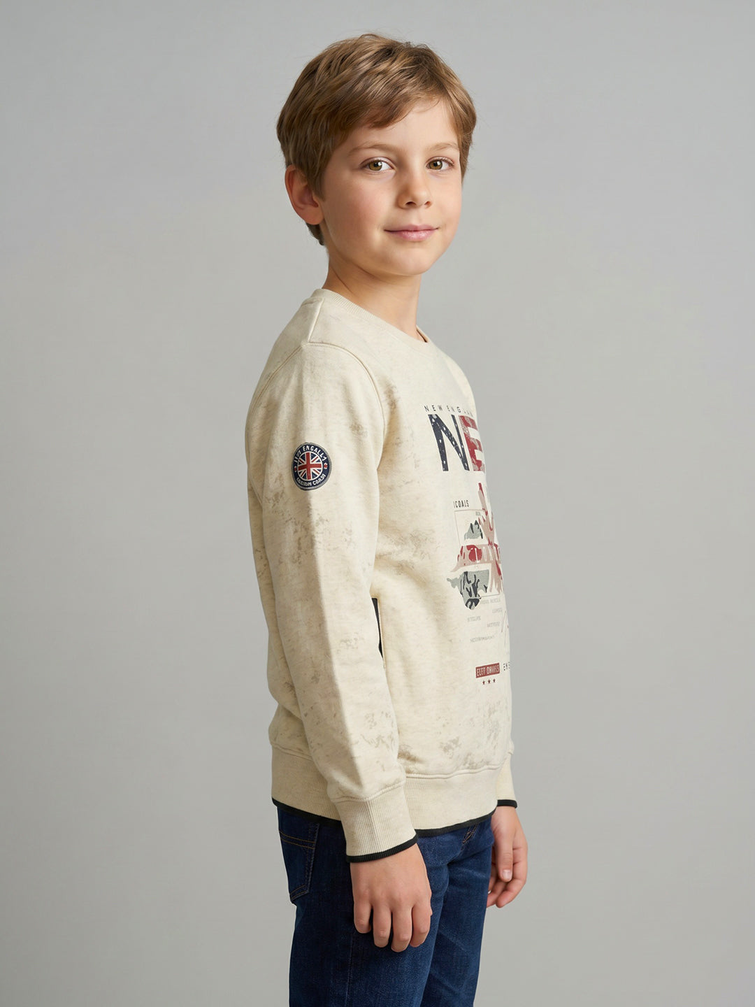 Boys Beige Printed Round Neck Full Sleeve Sweatshirt