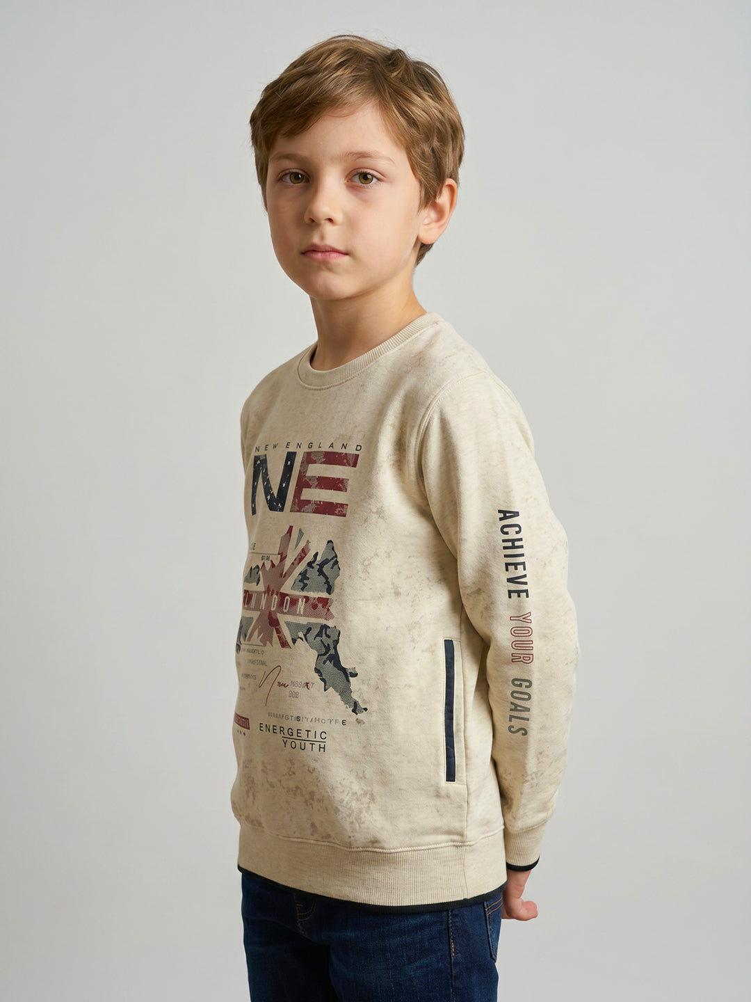 Boys Beige Printed Round Neck Full Sleeve Sweatshirt