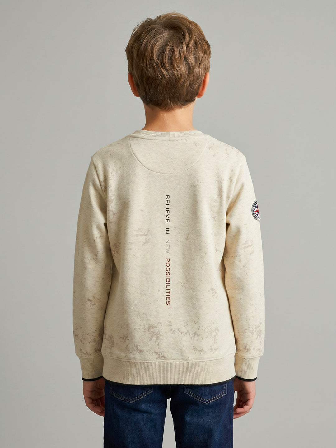 Boys Beige Printed Round Neck Full Sleeve Sweatshirt