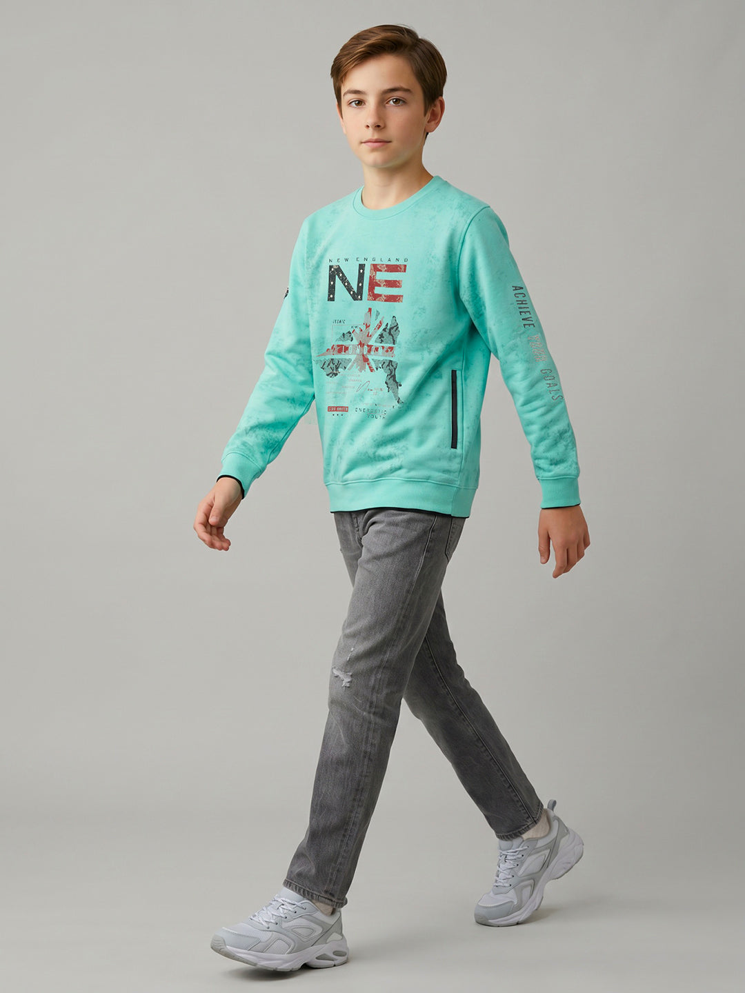 Boys Turquoise Blue Printed Round Neck Full Sleeve Sweatshirt