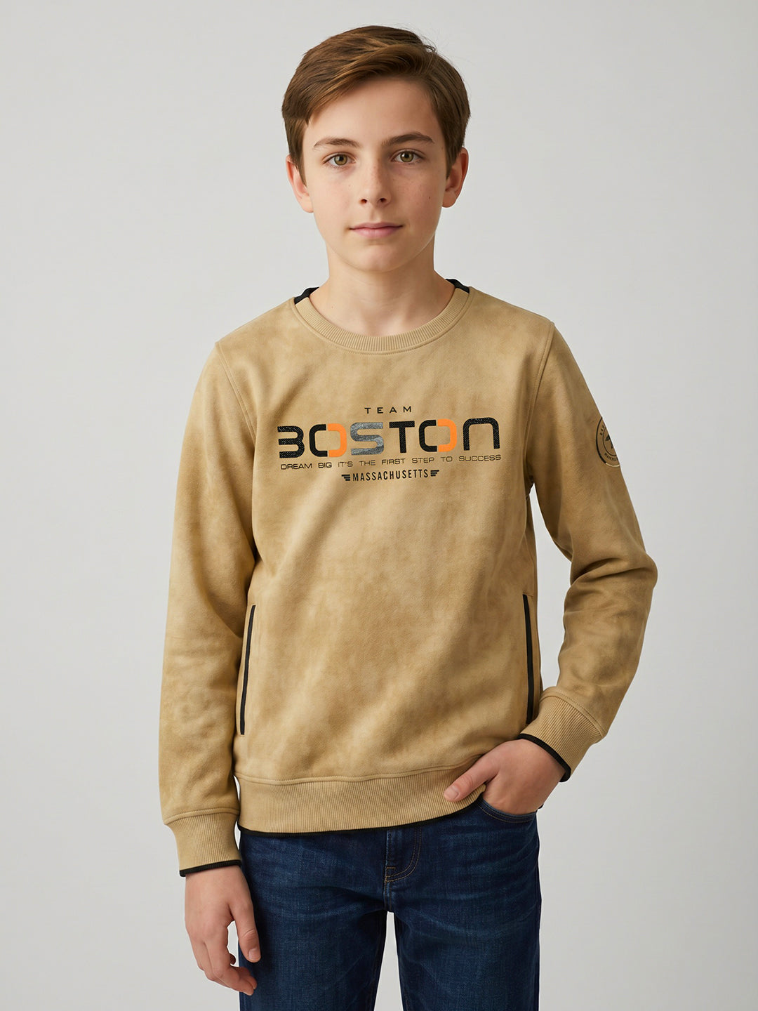 Boys Khaki Printed Round Neck Full Sleeve Sweatshirt