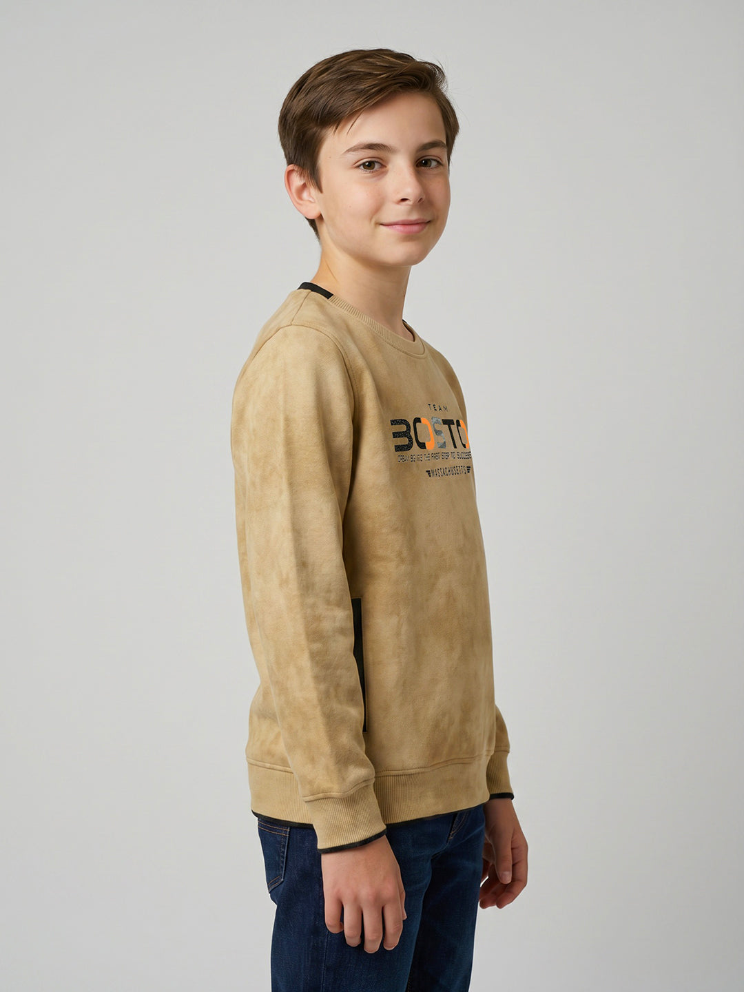 Boys Khaki Printed Round Neck Full Sleeve Sweatshirt