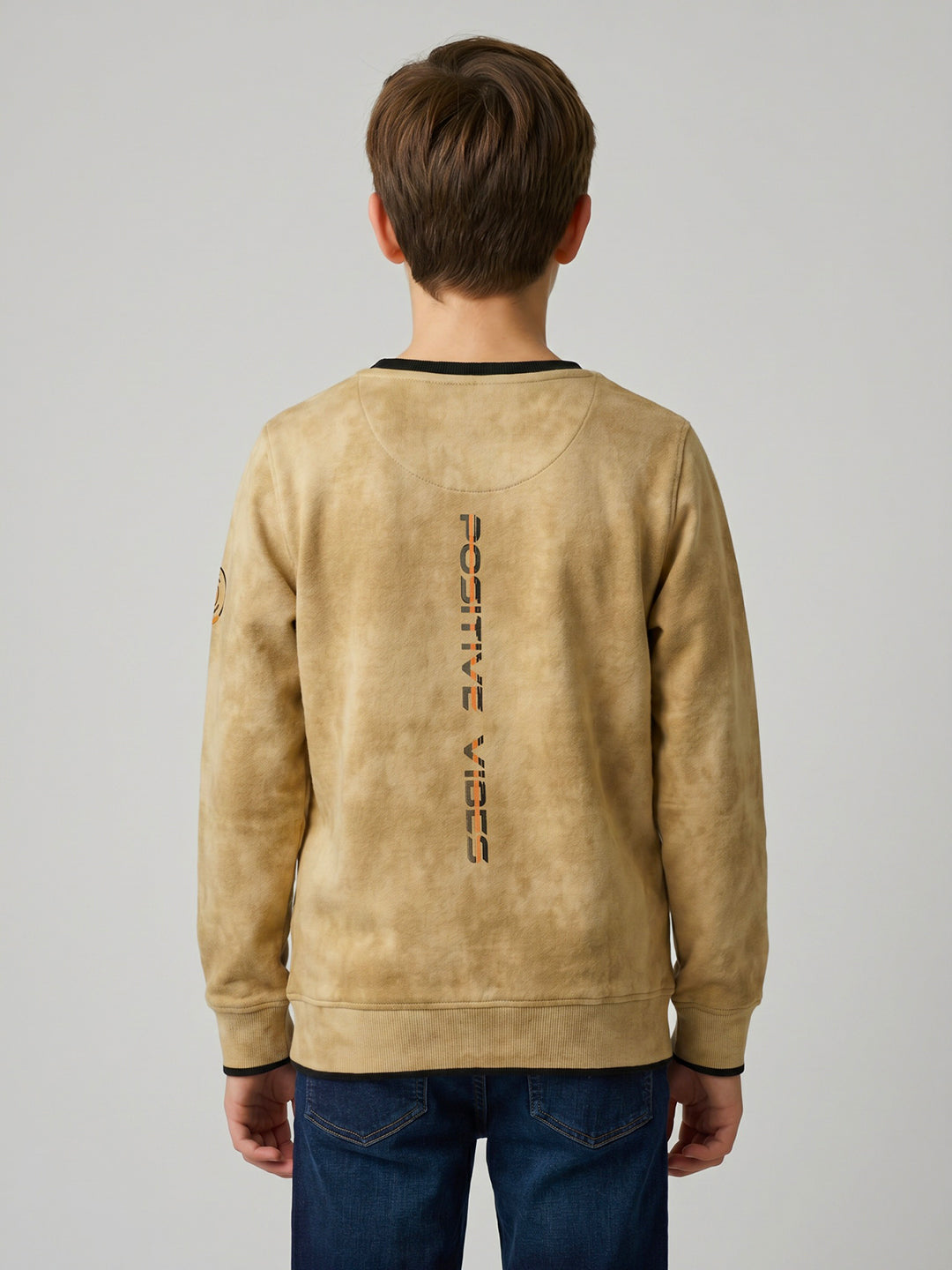 Boys Khaki Printed Round Neck Full Sleeve Sweatshirt