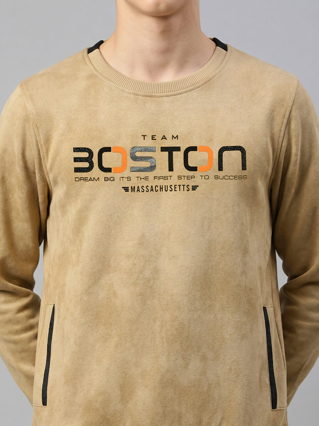 Boys Khaki Printed Round Neck Full Sleeve Sweatshirt