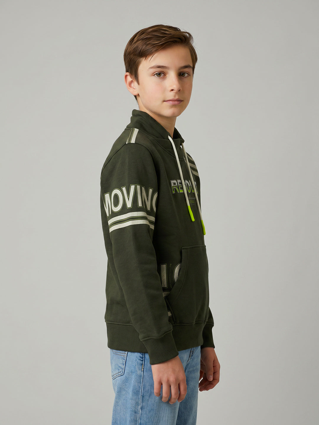 Boys Olive Printed Overlap Neck Full Sleeve Sweatshirt