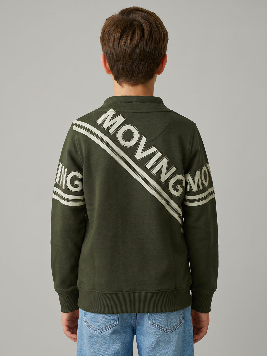 Boys Olive Printed Overlap Neck Full Sleeve Sweatshirt