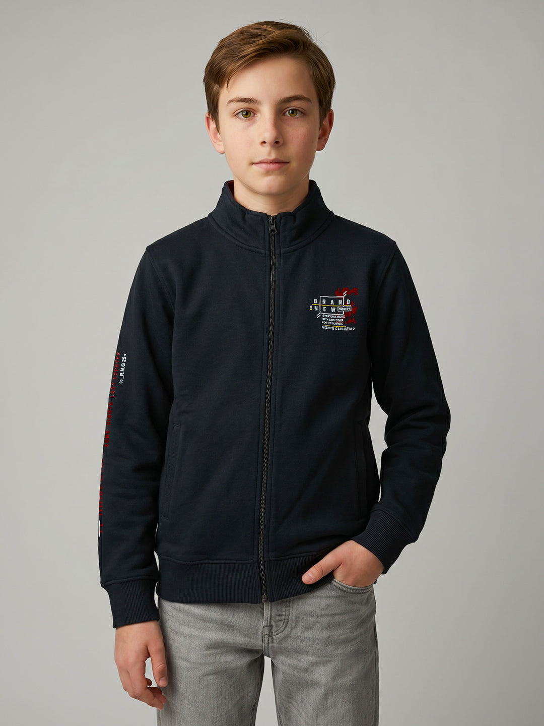 Boys Navy Blue Printed Stand Collar Full Sleeve Sweatshirt