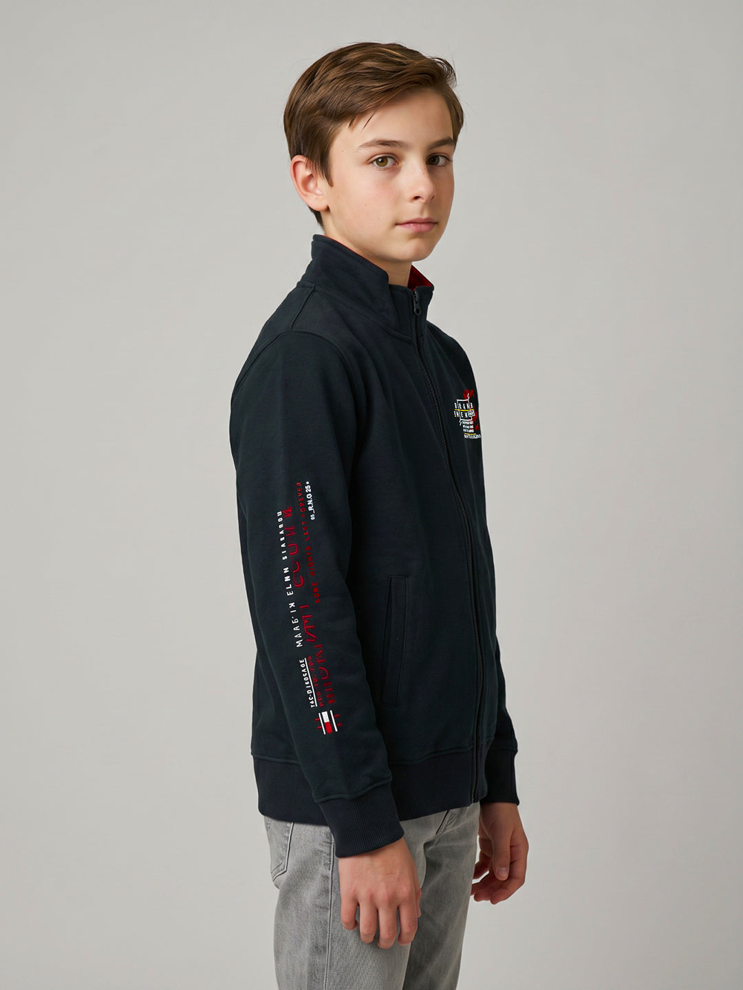 Boys Navy Blue Printed Stand Collar Full Sleeve Sweatshirt