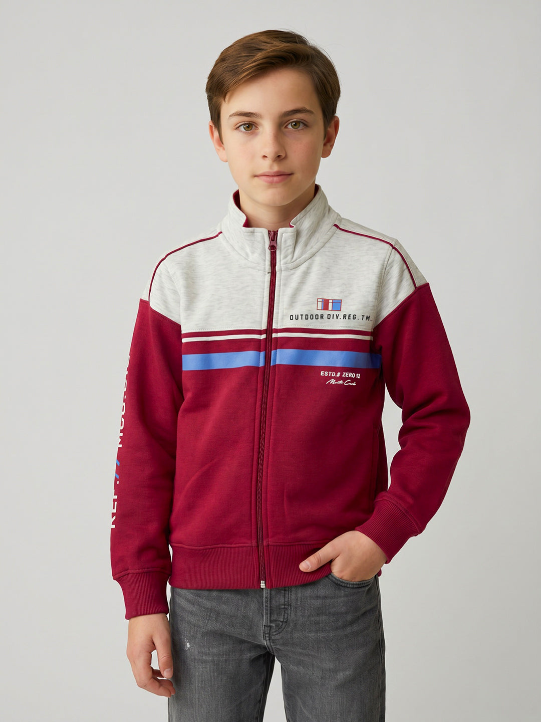 Boys Maroon Printed Turtle Neck Full Sleeve Sweatshirt
