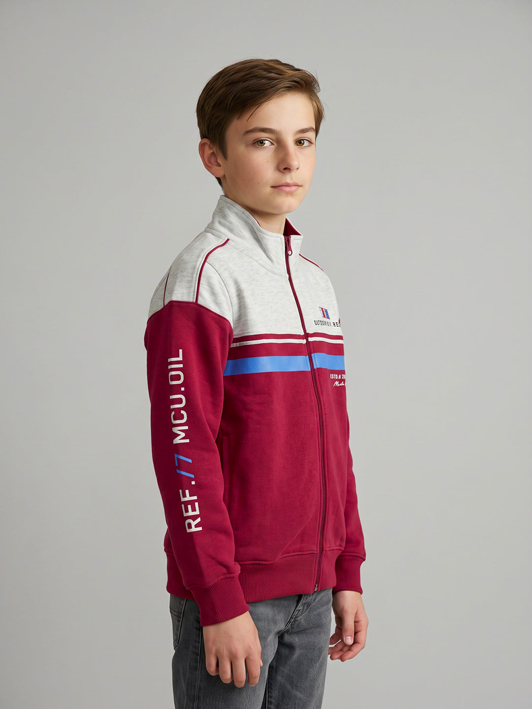 Boys Maroon Printed Turtle Neck Full Sleeve Sweatshirt