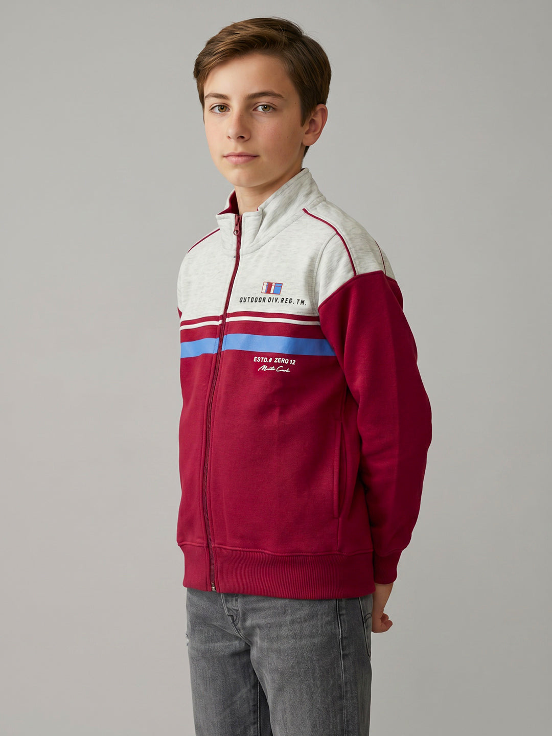 Boys Maroon Printed Turtle Neck Full Sleeve Sweatshirt