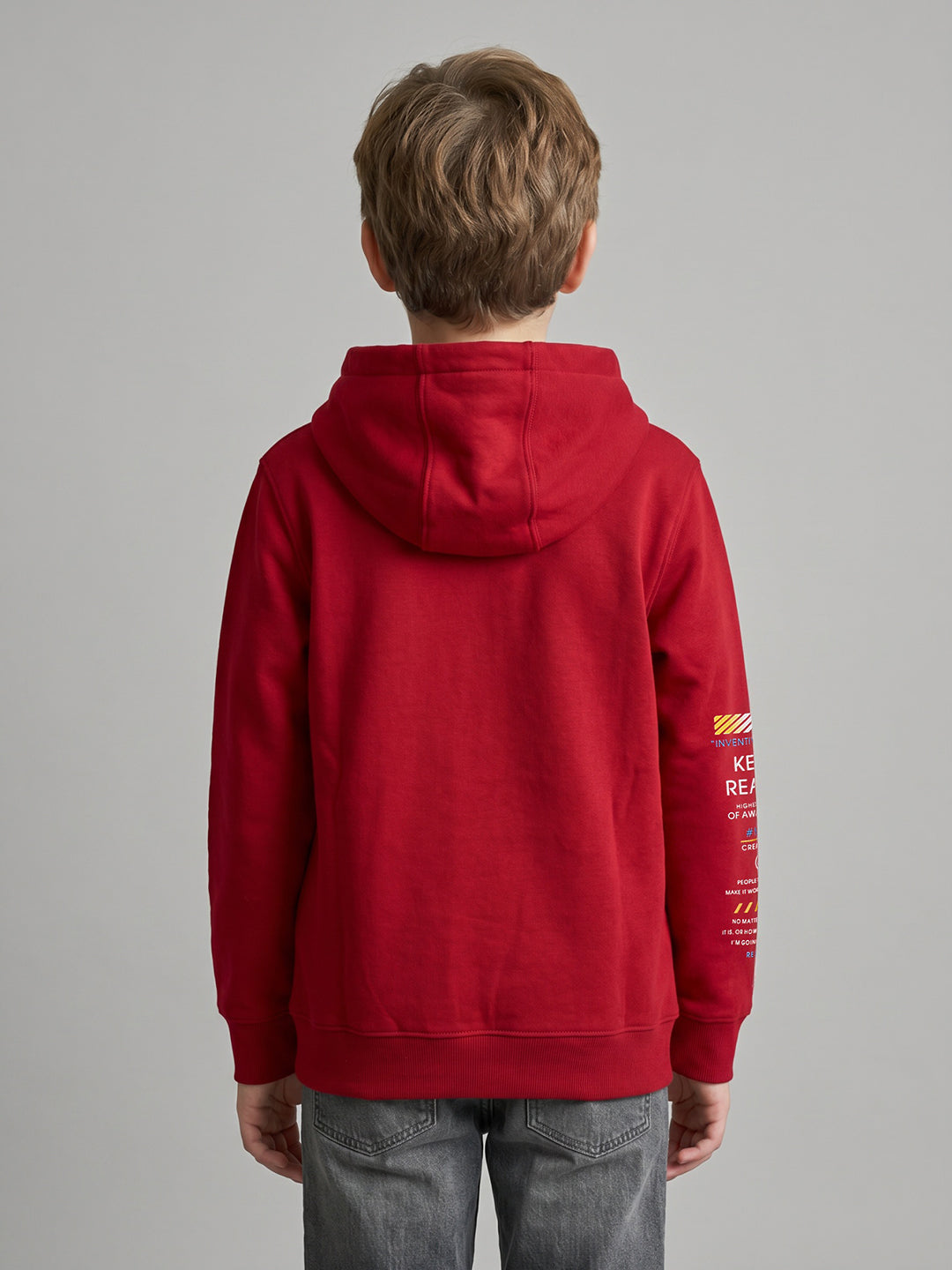 Boys Red Printed Hooded Full Sleeve Sweatshirt