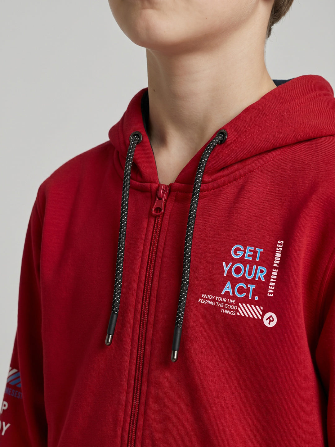 Boys Red Printed Hooded Full Sleeve Sweatshirt