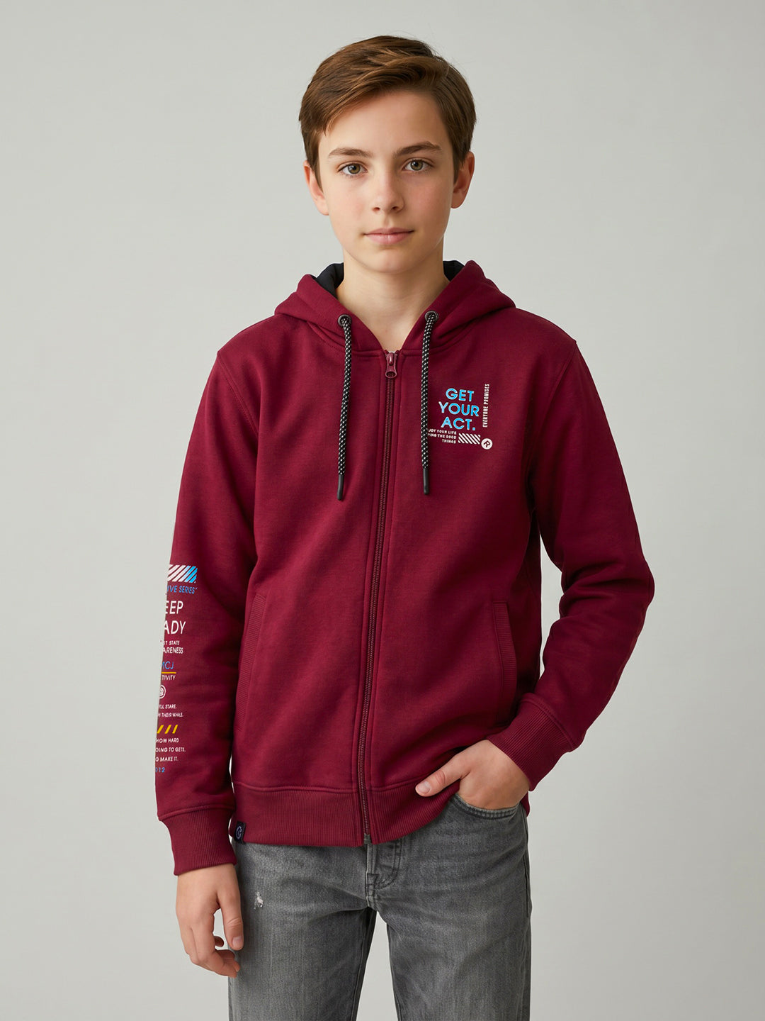 Boys Maroon Printed Hooded Full Sleeve Sweatshirt