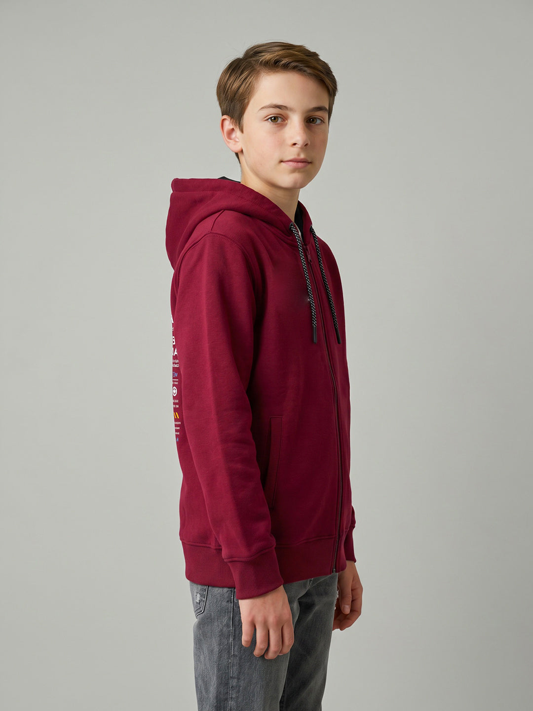 Boys Maroon Printed Hooded Full Sleeve Sweatshirt