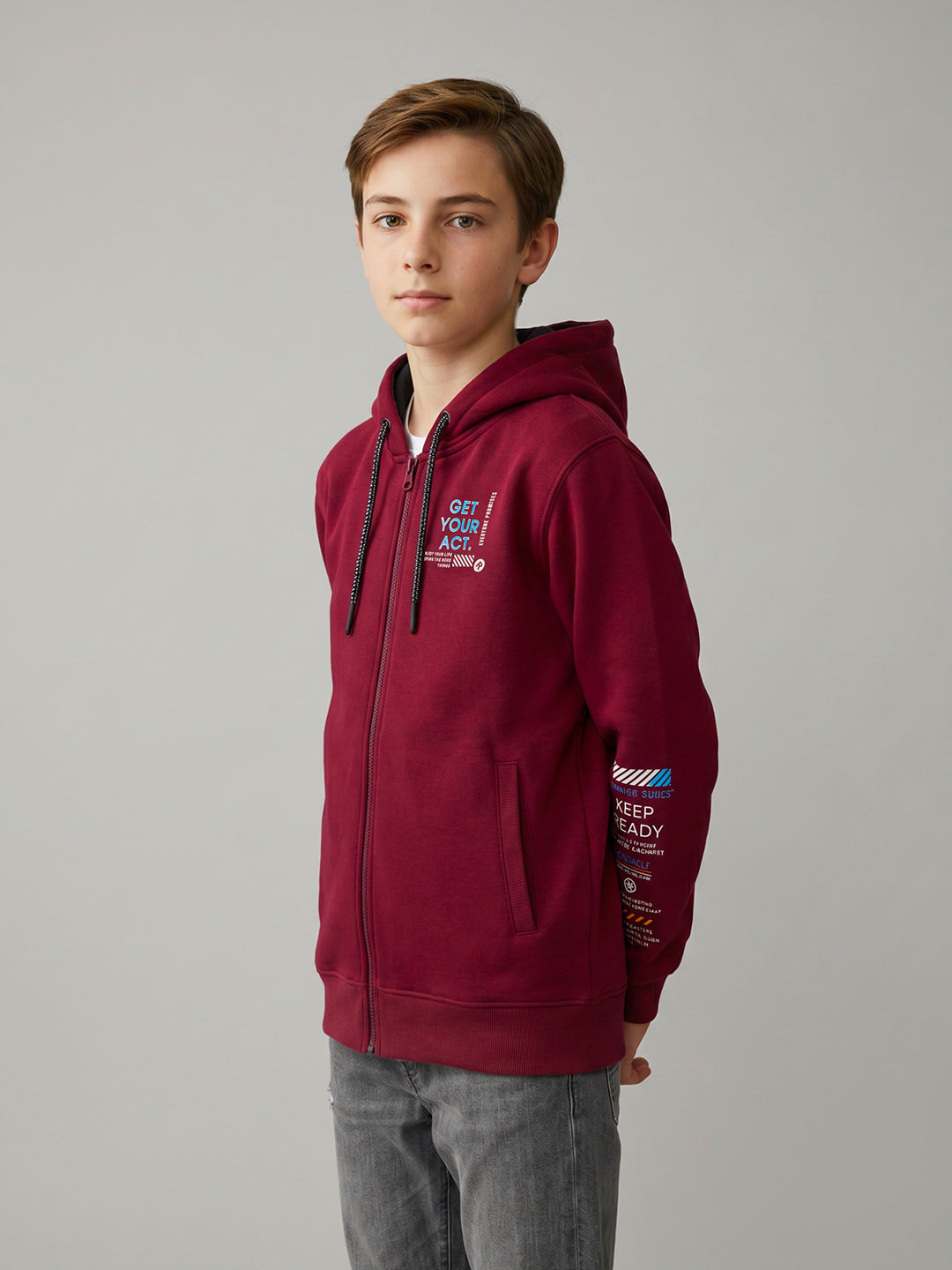 Boys Maroon Printed Hooded Full Sleeve Sweatshirt
