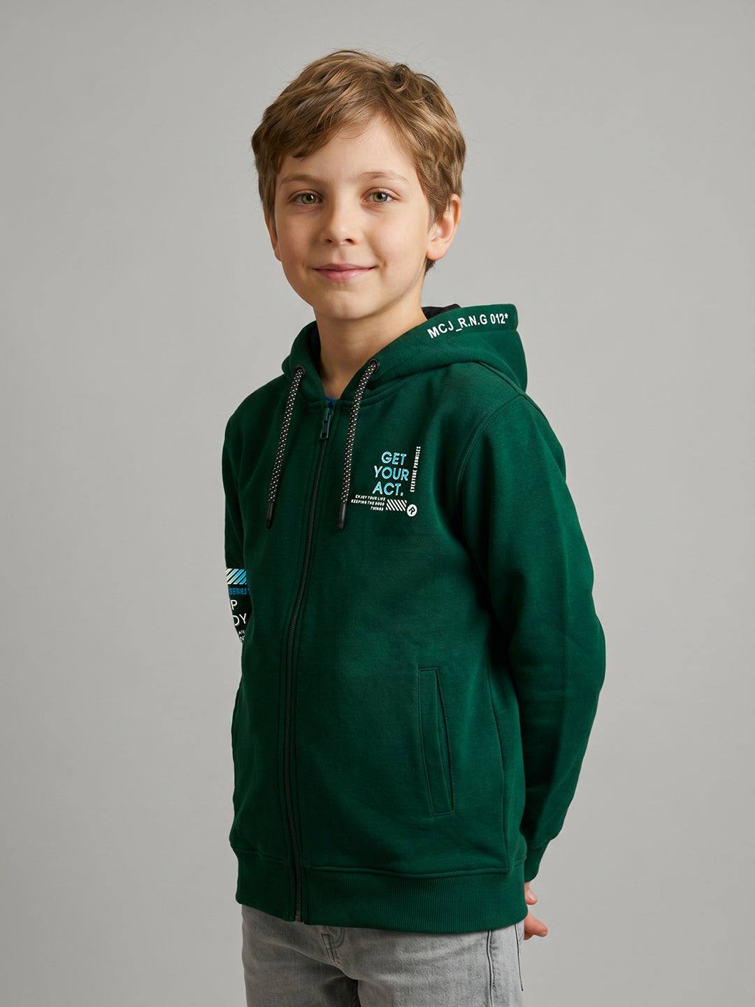 Boys Green Printed Hooded Full Sleeve Sweatshirt