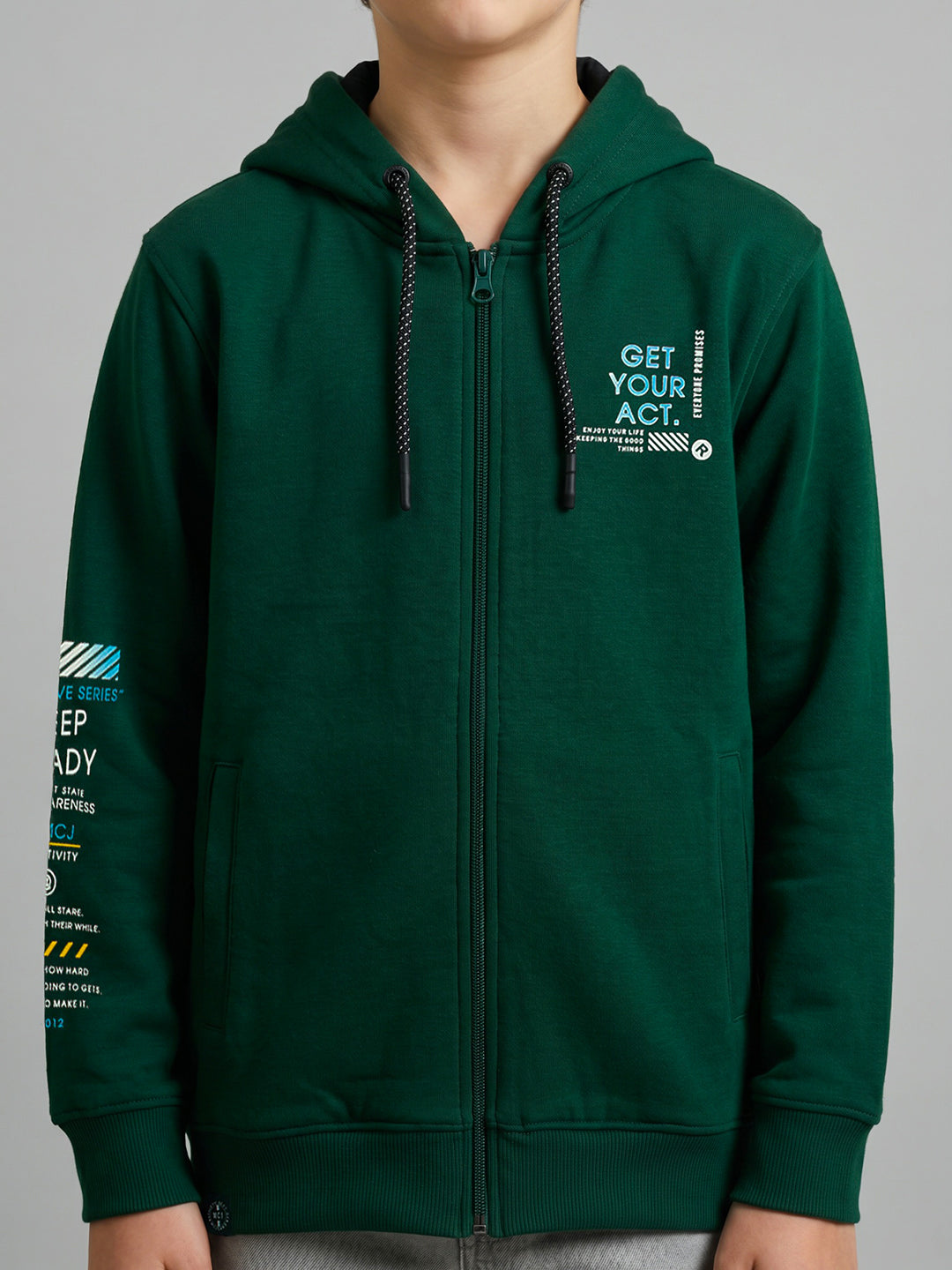 Boys Green Printed Hooded Full Sleeve Sweatshirt
