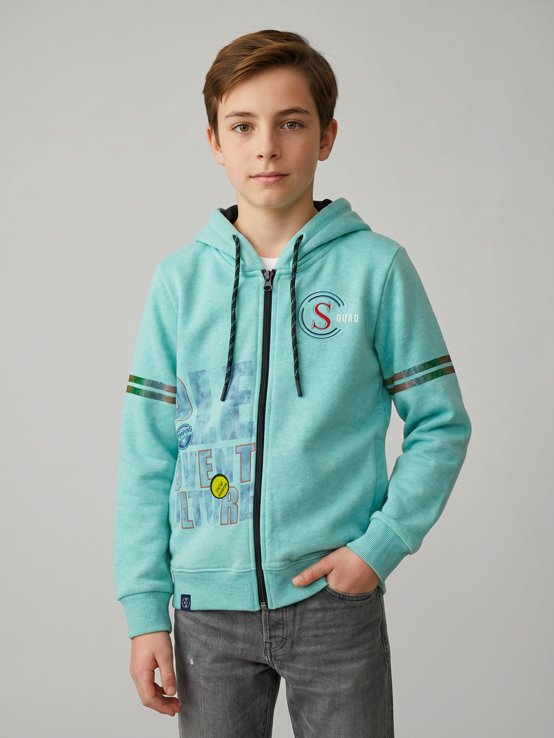 Boys Blue Printed Hooded Full Sleeve Sweatshirt