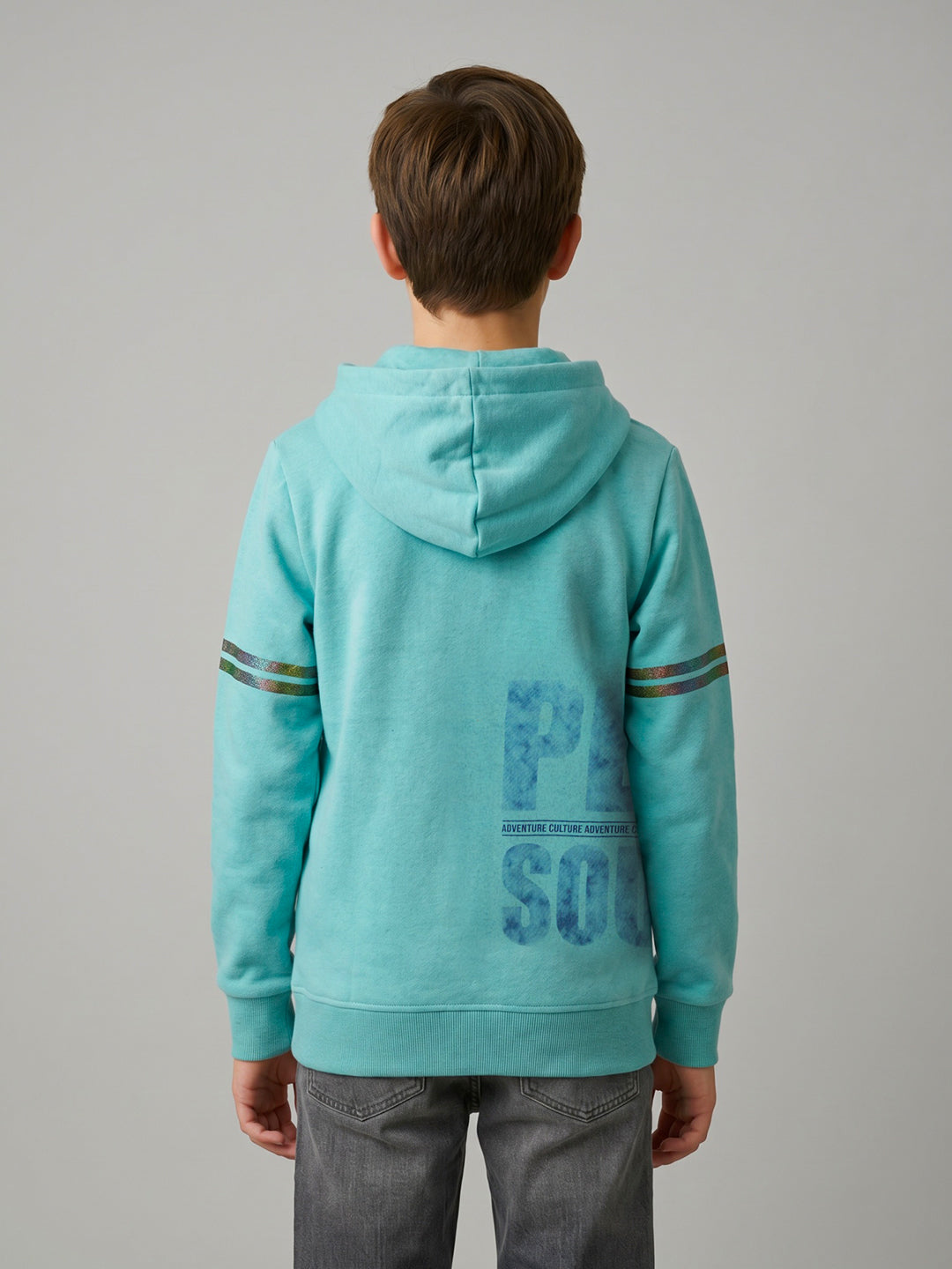 Boys Blue Printed Hooded Full Sleeve Sweatshirt