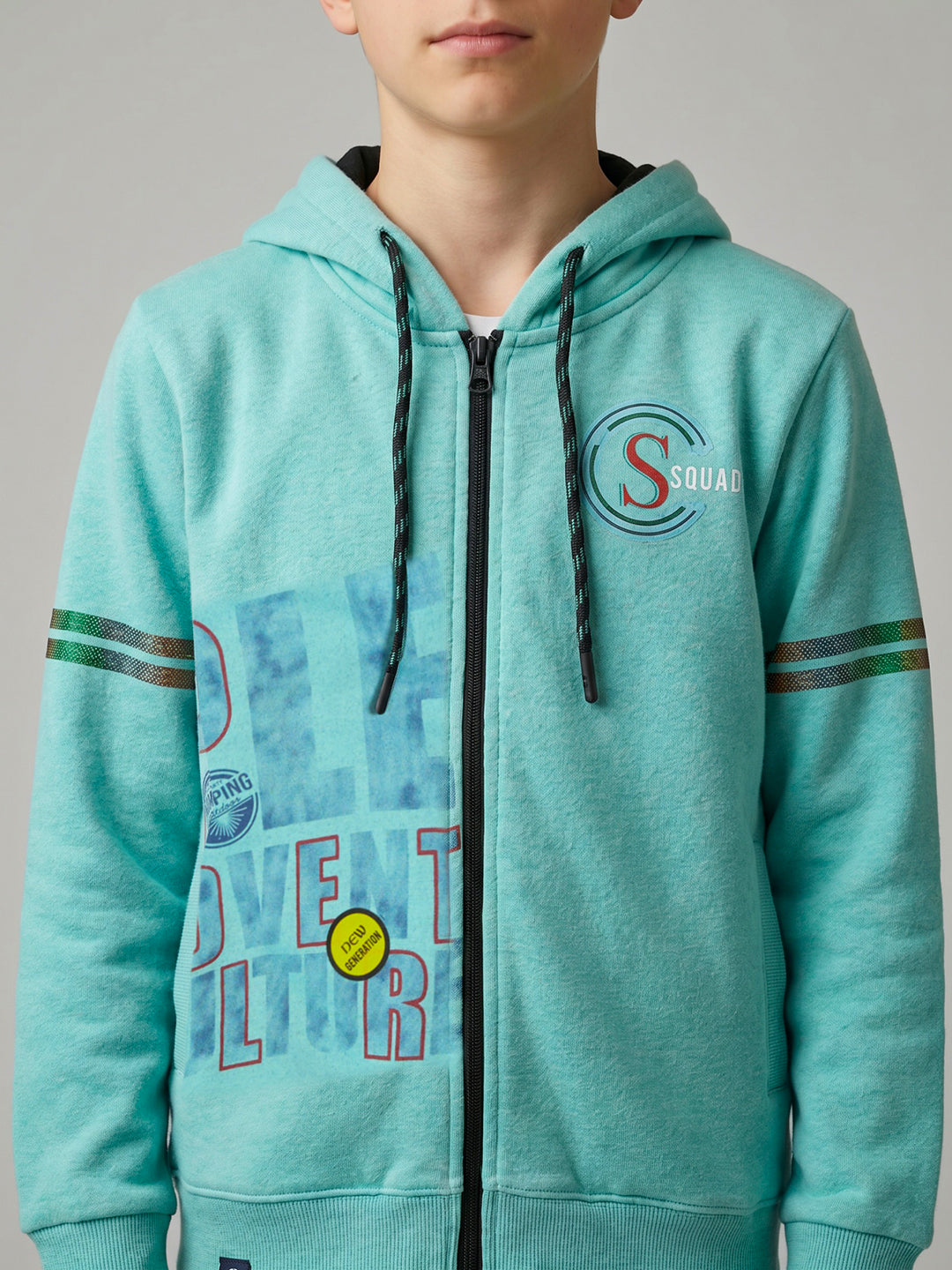 Boys Blue Printed Hooded Full Sleeve Sweatshirt