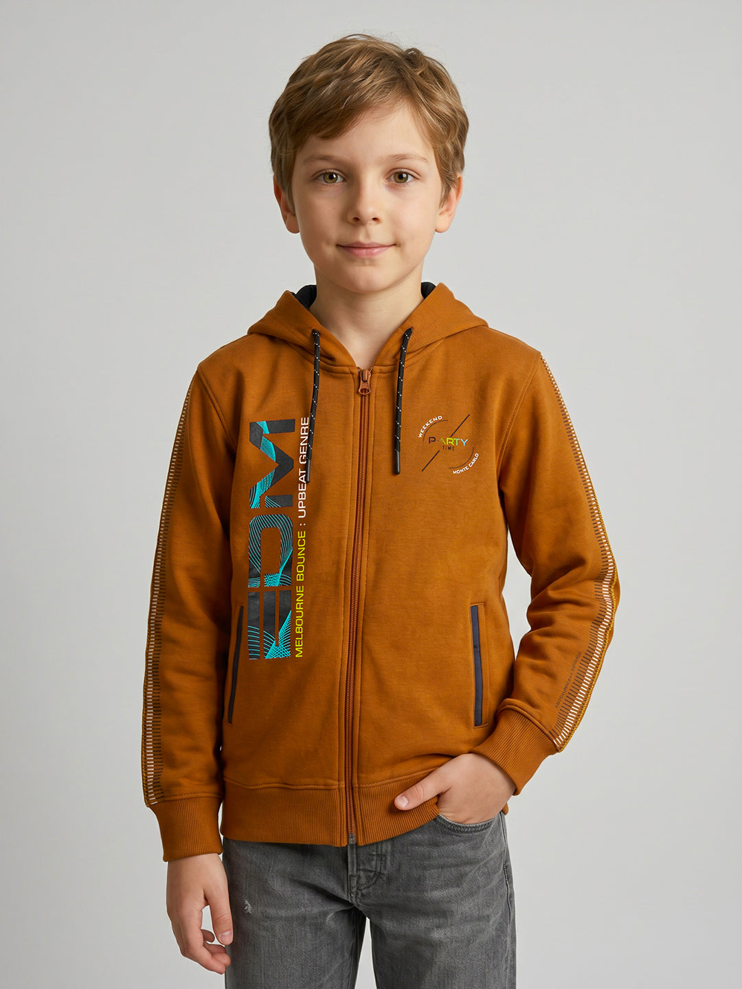 Boys Rust Printed Hooded Full Sleeve Sweatshirt